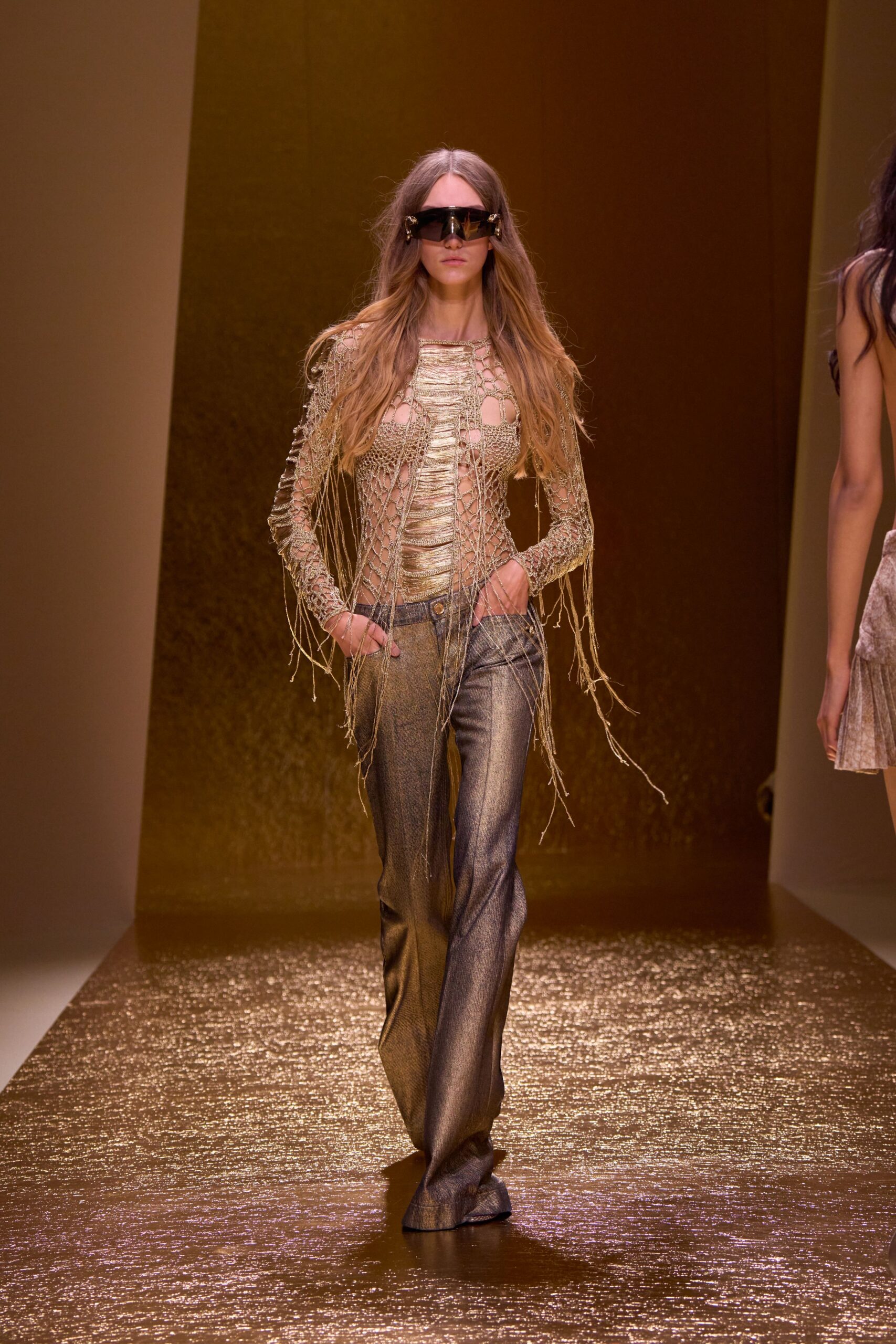 gold metallic long-sleeve high-neck fitted fringed shiny top