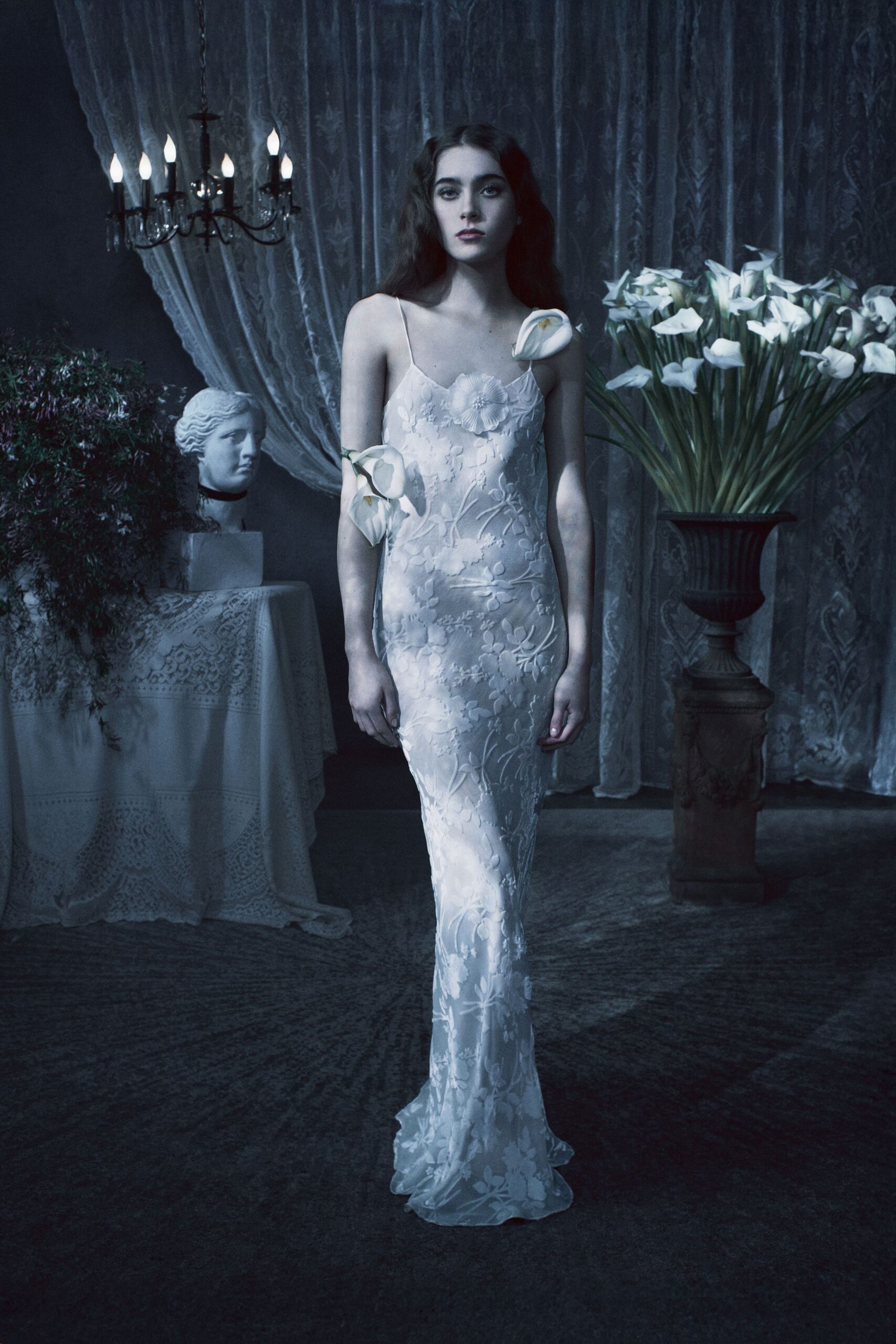 white silk embroidered gown