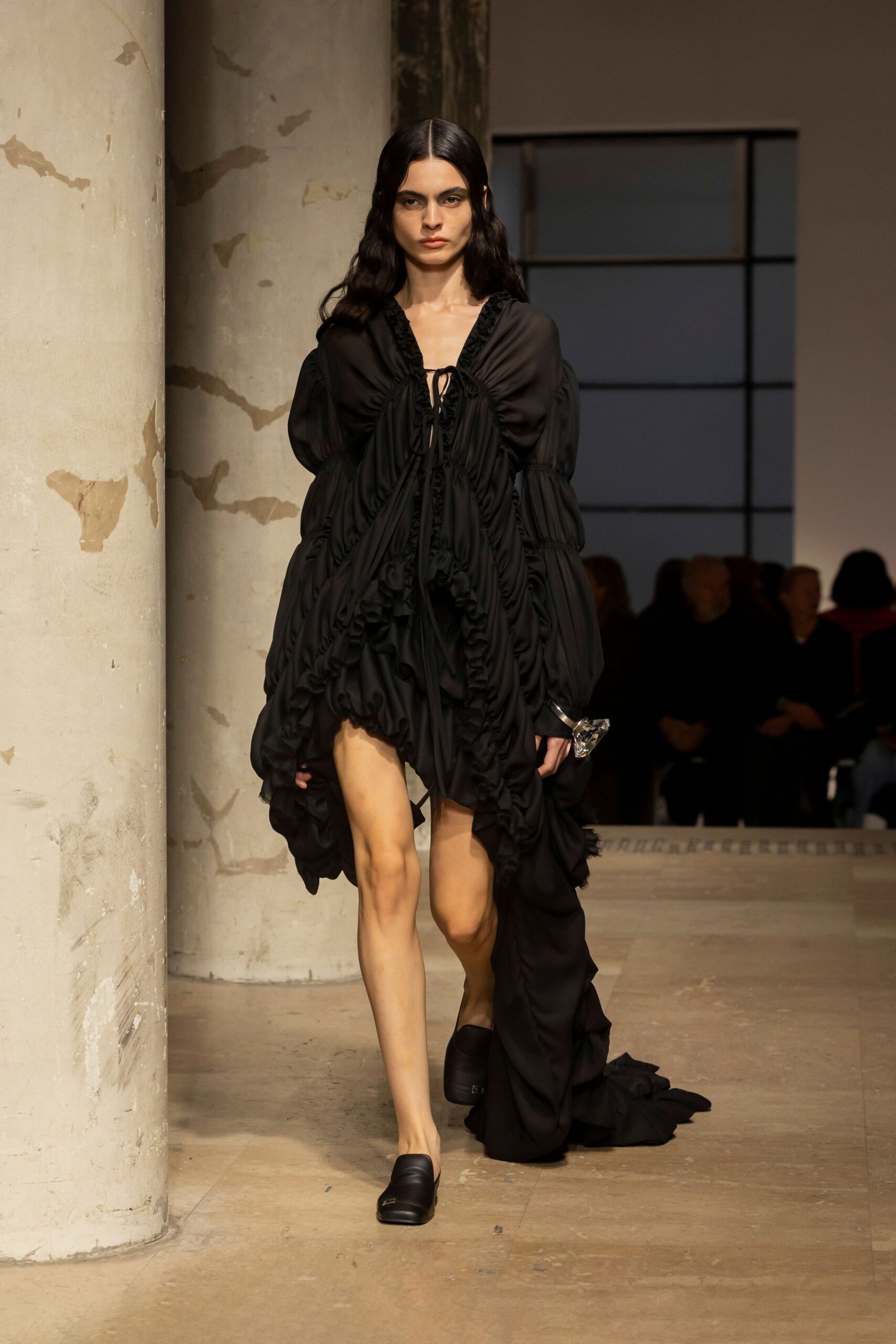 black silk pleated midi dress