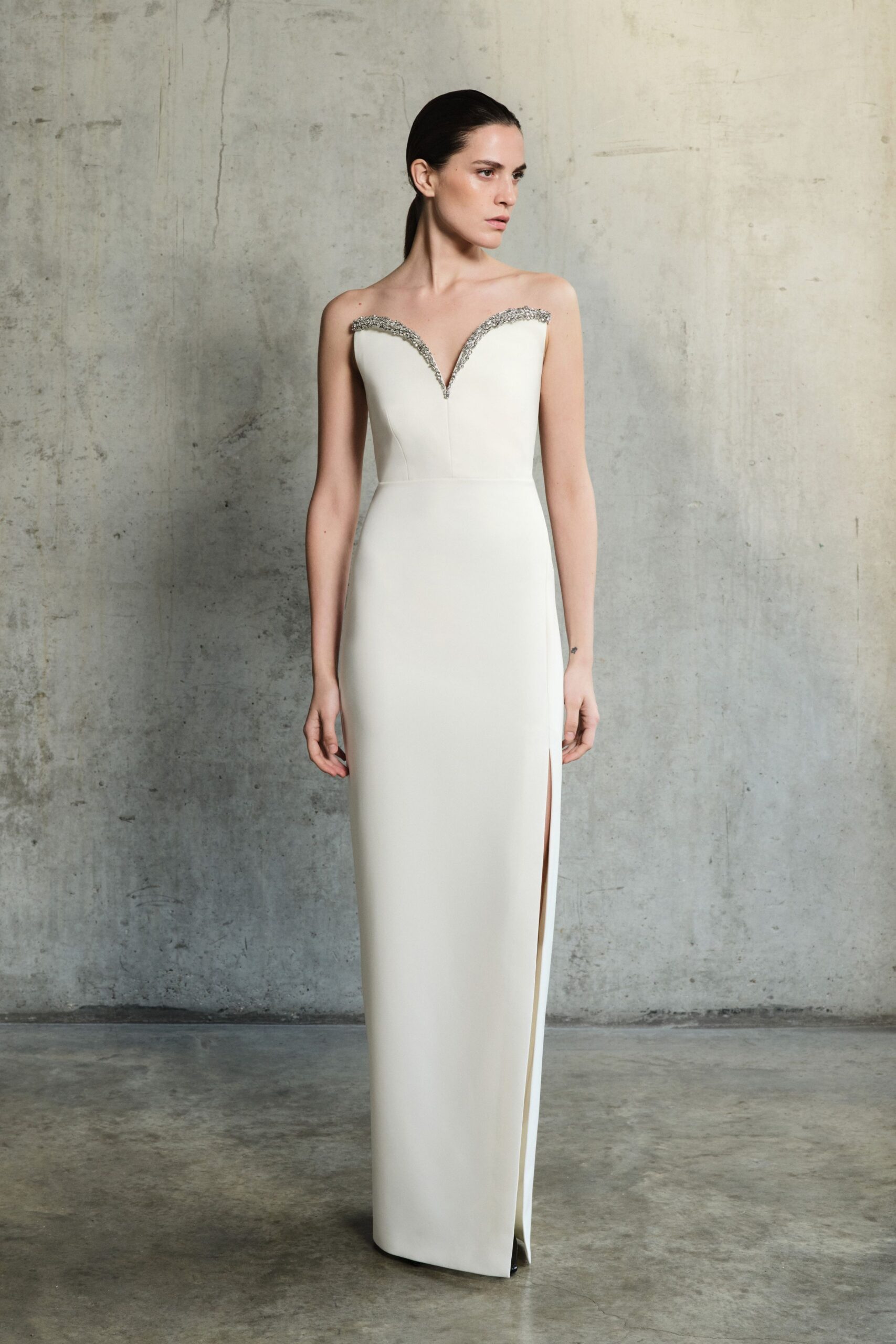 white strapless embellished gown