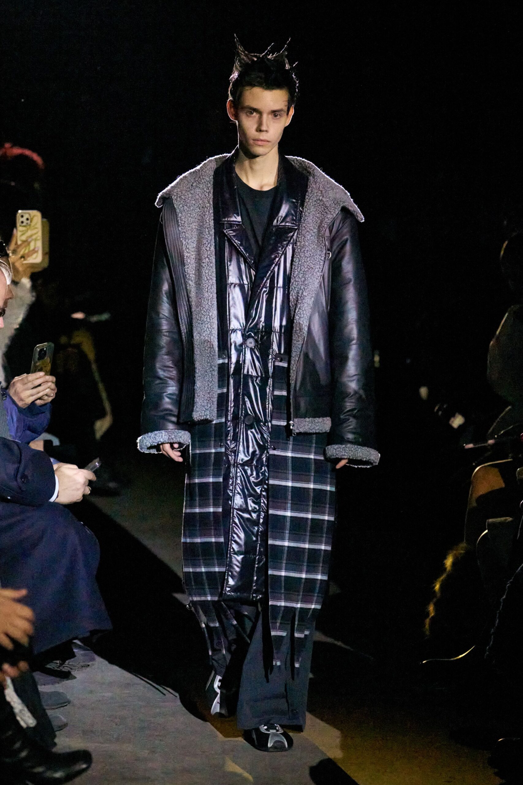 black leather coat with plaid detail