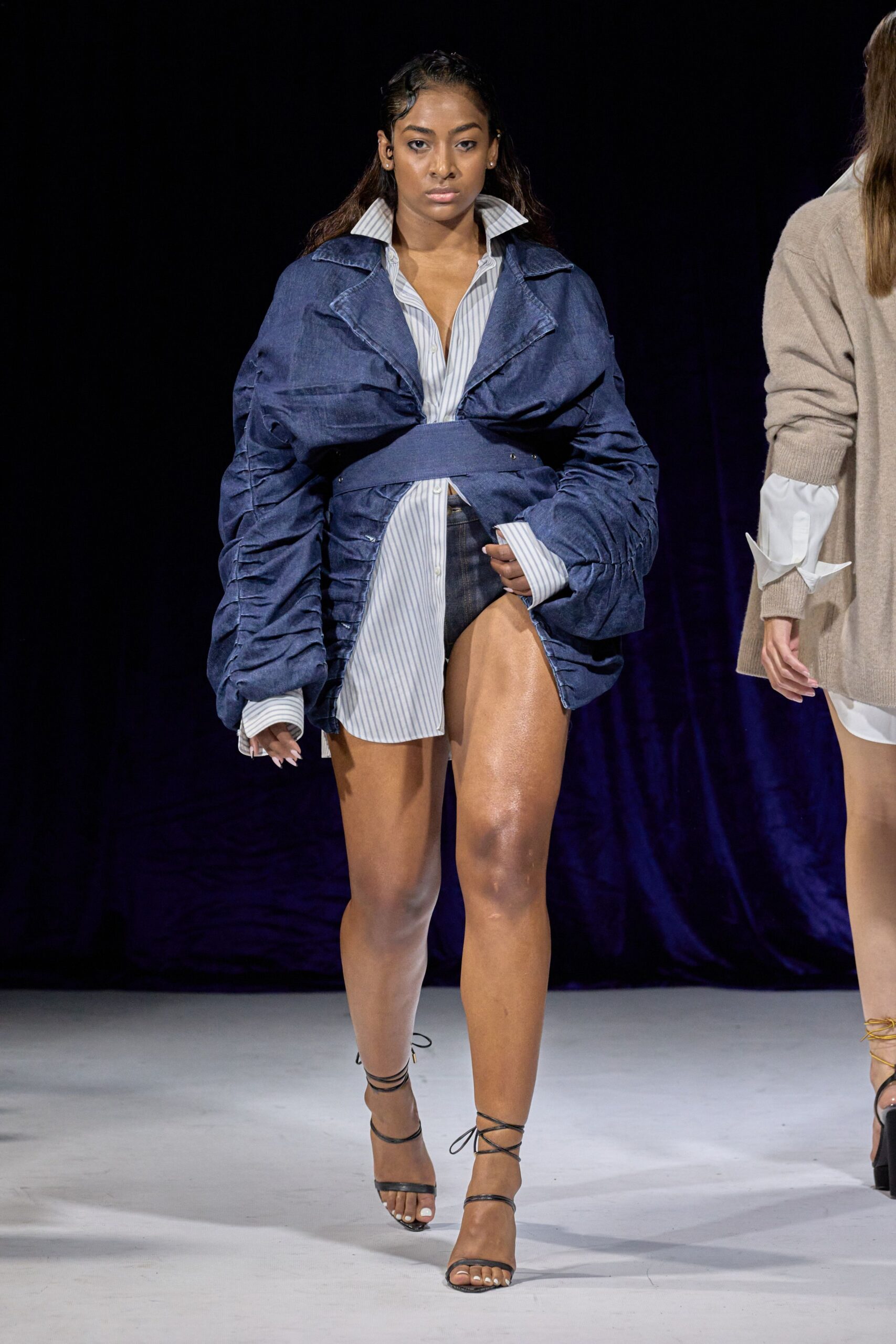 blue denim long-sleeve collared oversized ruffled jacket