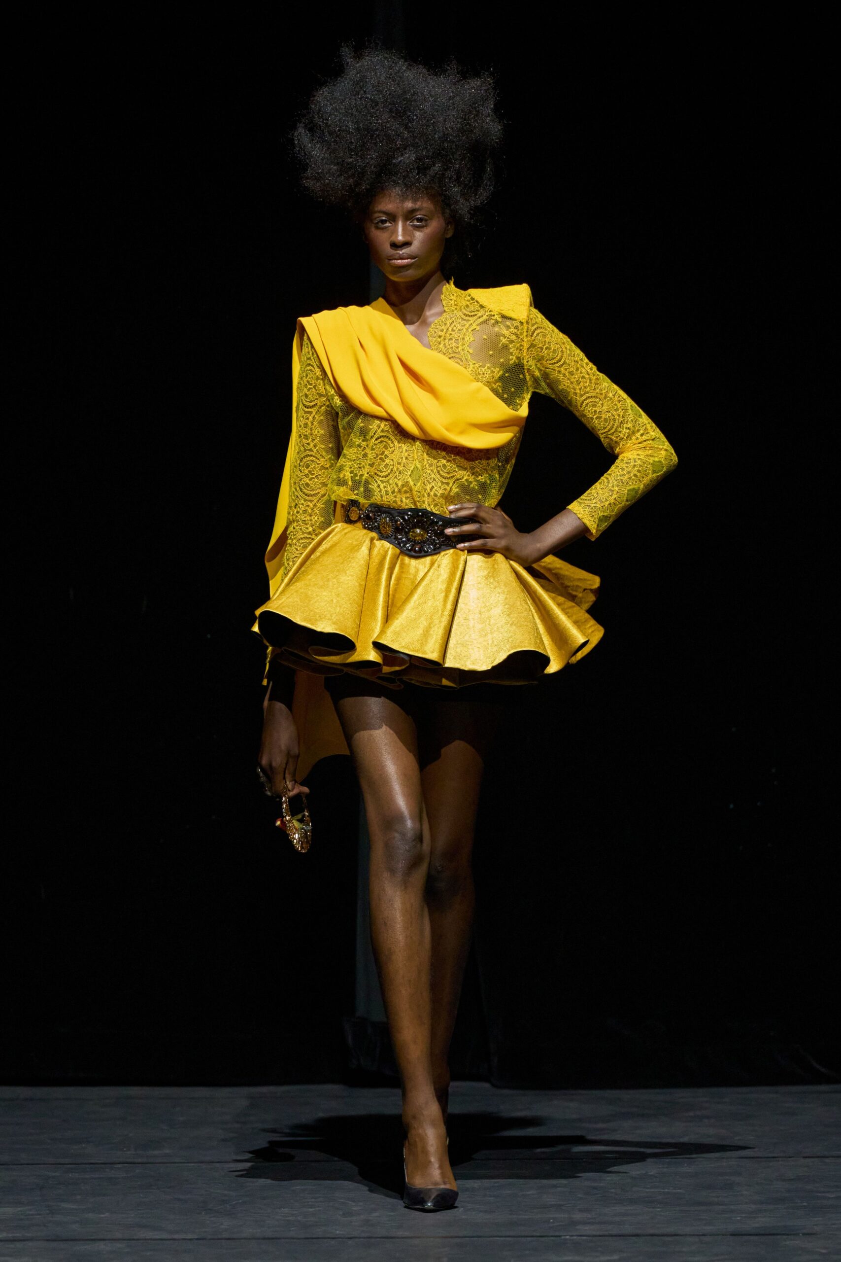yellow silk long-sleeve v-neck fitted pleated layered dress