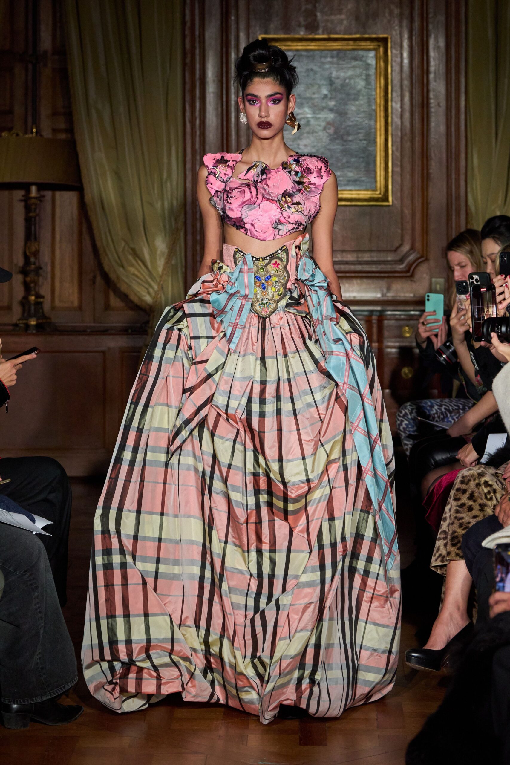 pleated pink and blue gown