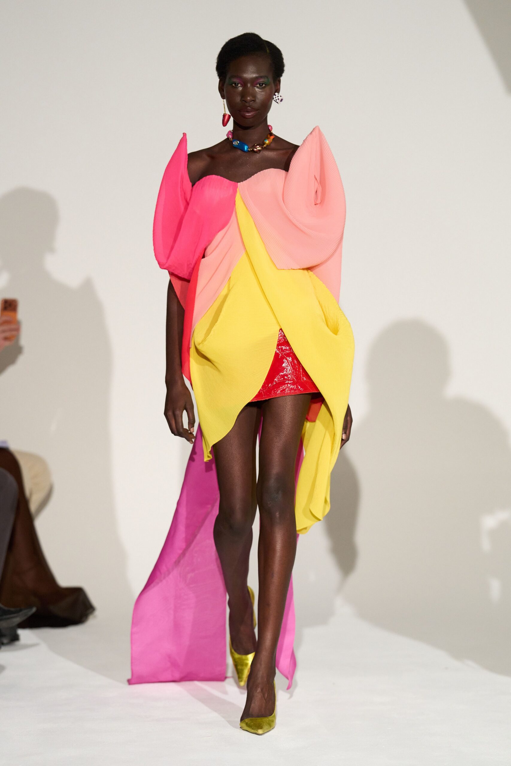 pink silk sleeveless off-shoulder fitted draped layered dress