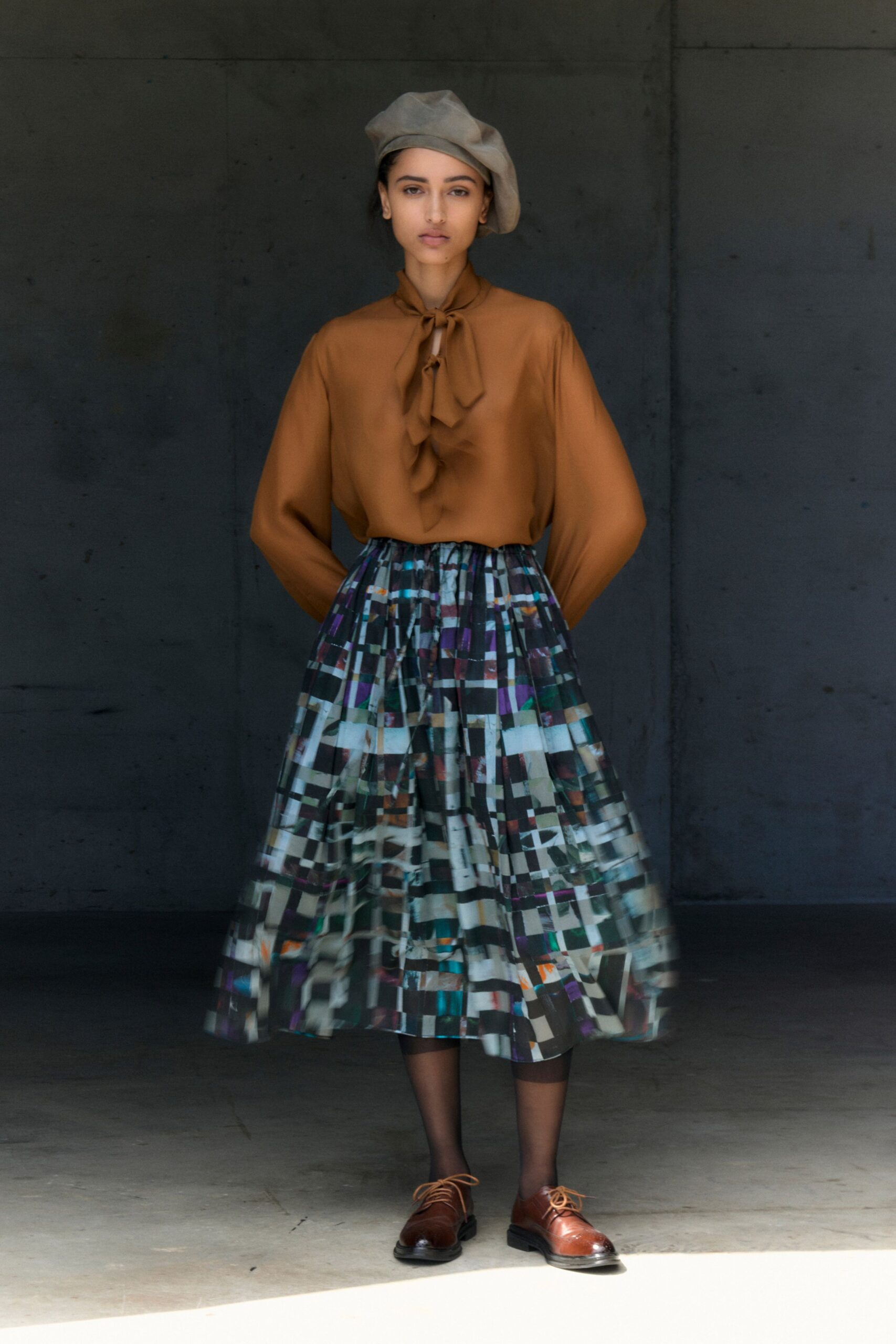 multi silk relaxed pleated flowing midi skirt