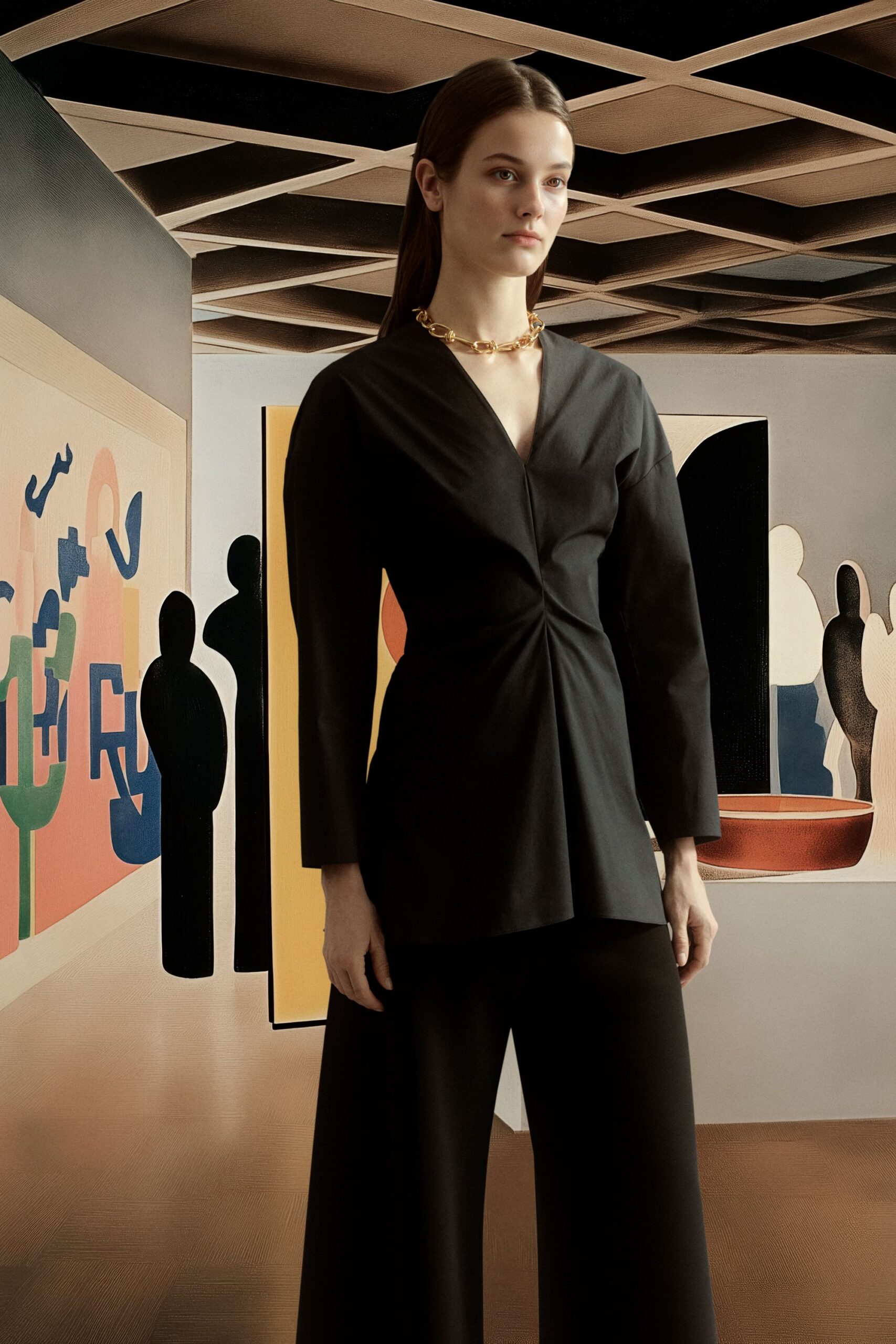 black fitted top with wide-leg pants