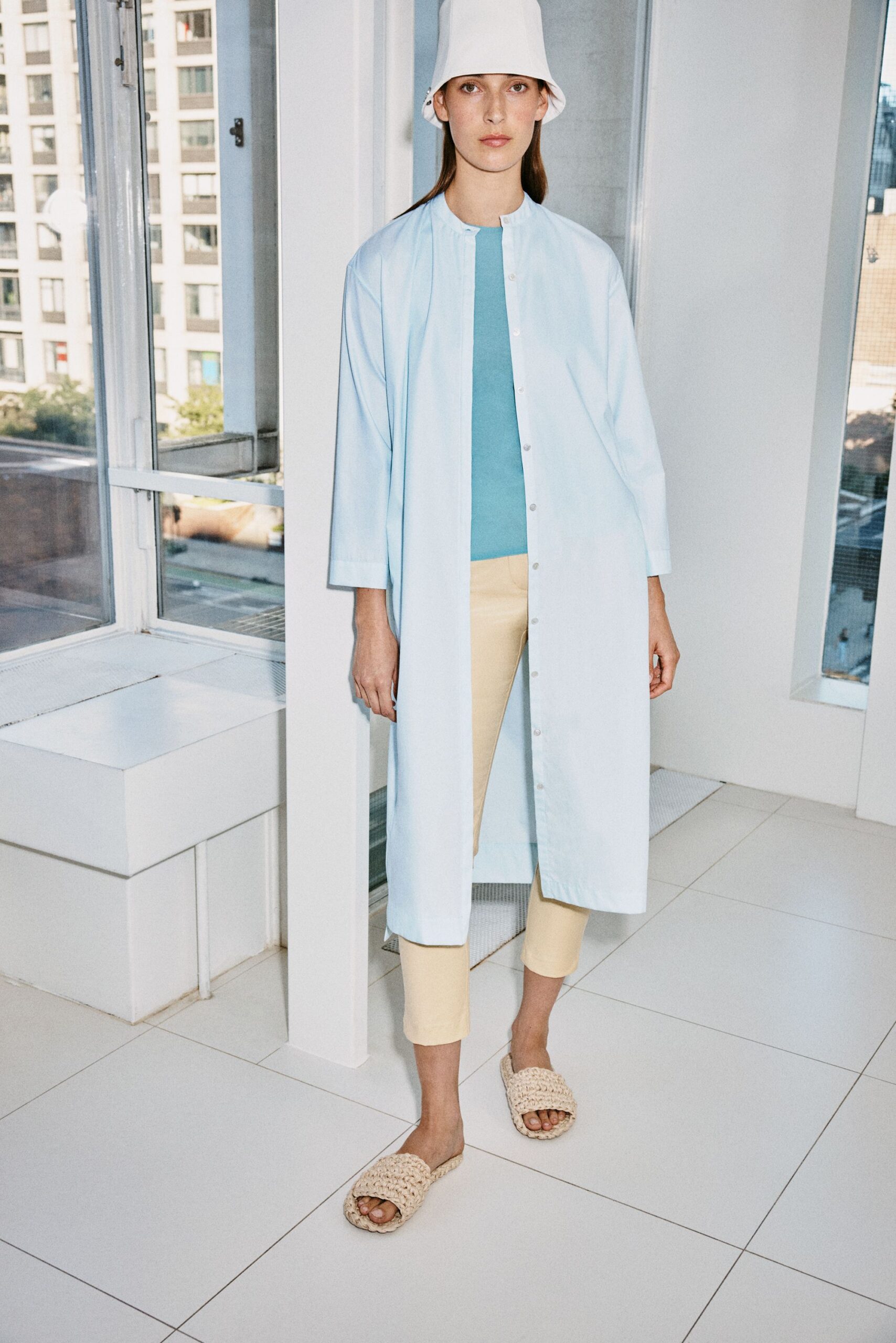beige cotton slim high-waisted pants