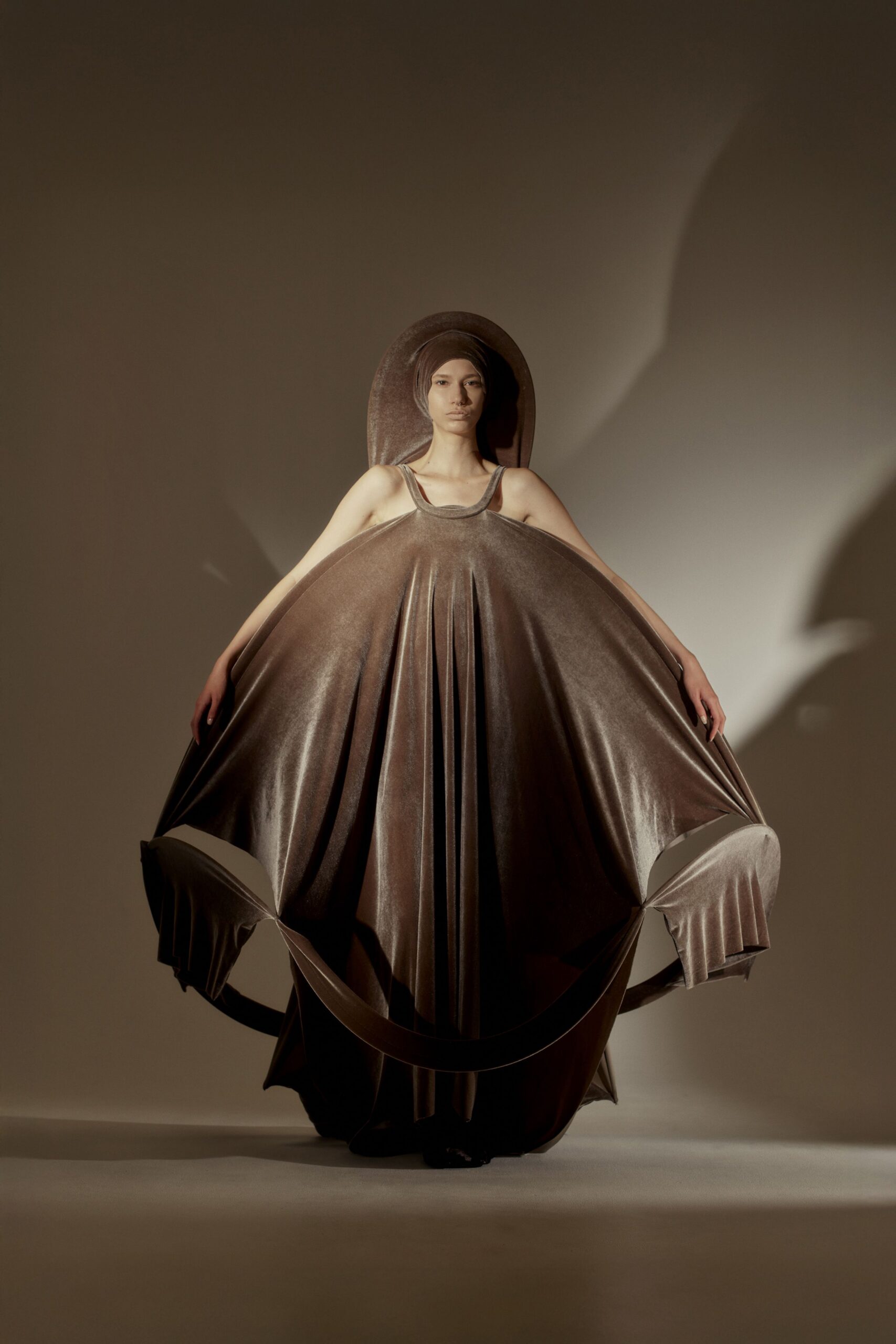 brown silk sleeveless gown