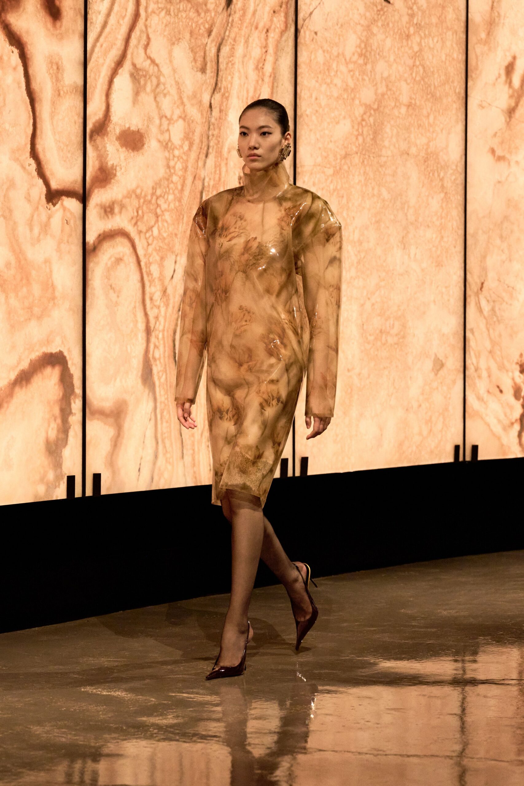 brown vinyl long-sleeve high-neck fitted draped shiny dress