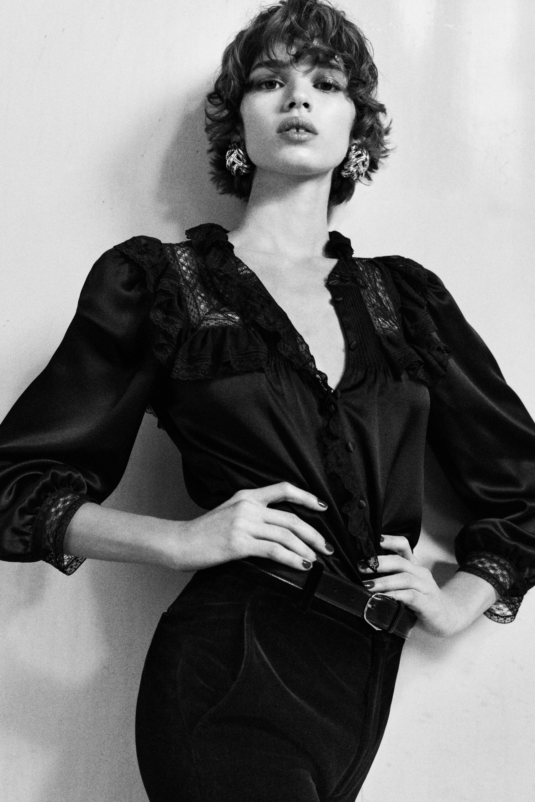 black fitted blouse and pants