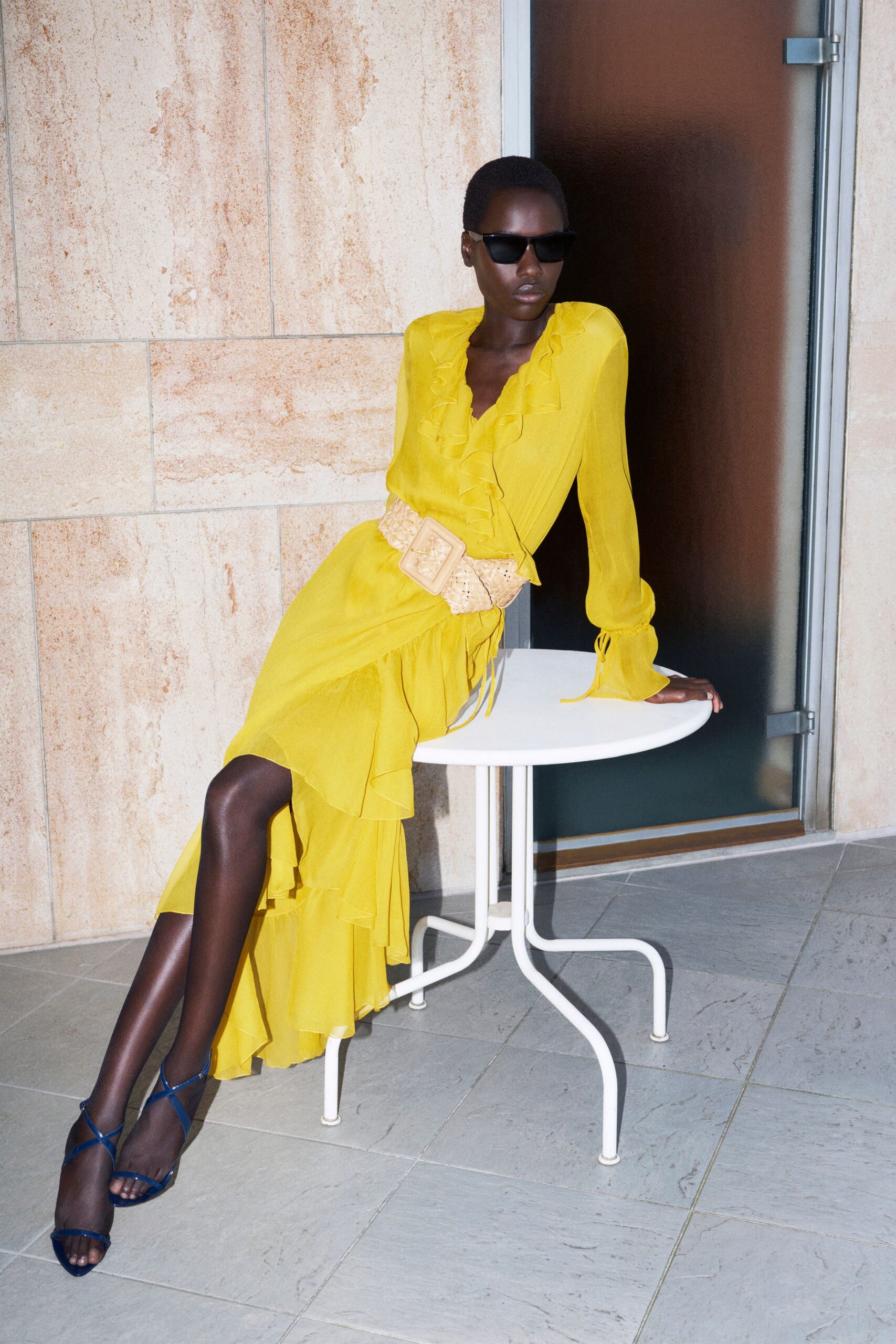 yellow silk long-sleeve v-neck fitted ruffled tiered dress