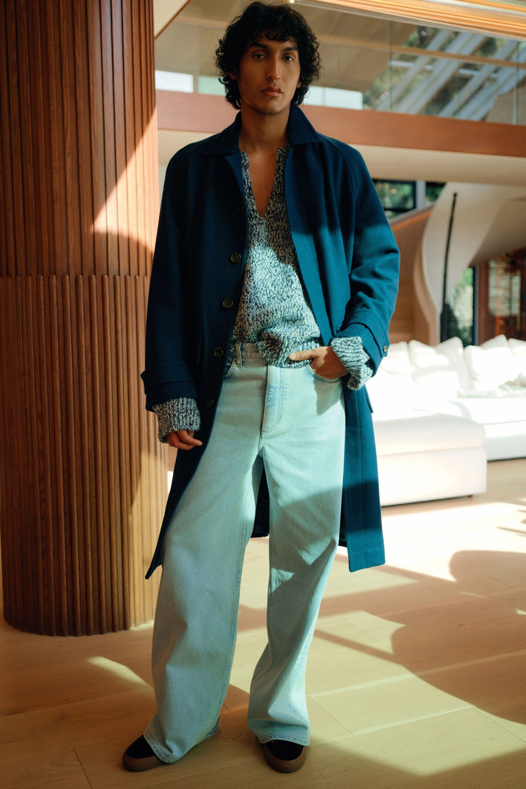 blue wool long-sleeve collared relaxed buttoned coat