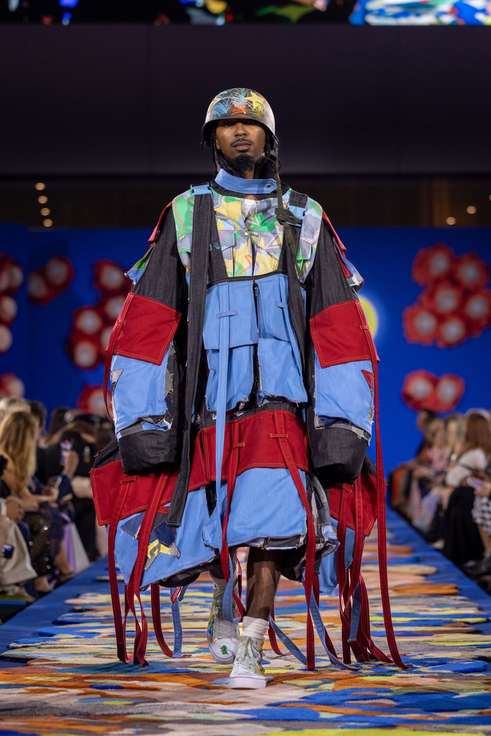 oversized colorful jacket with cargo pants