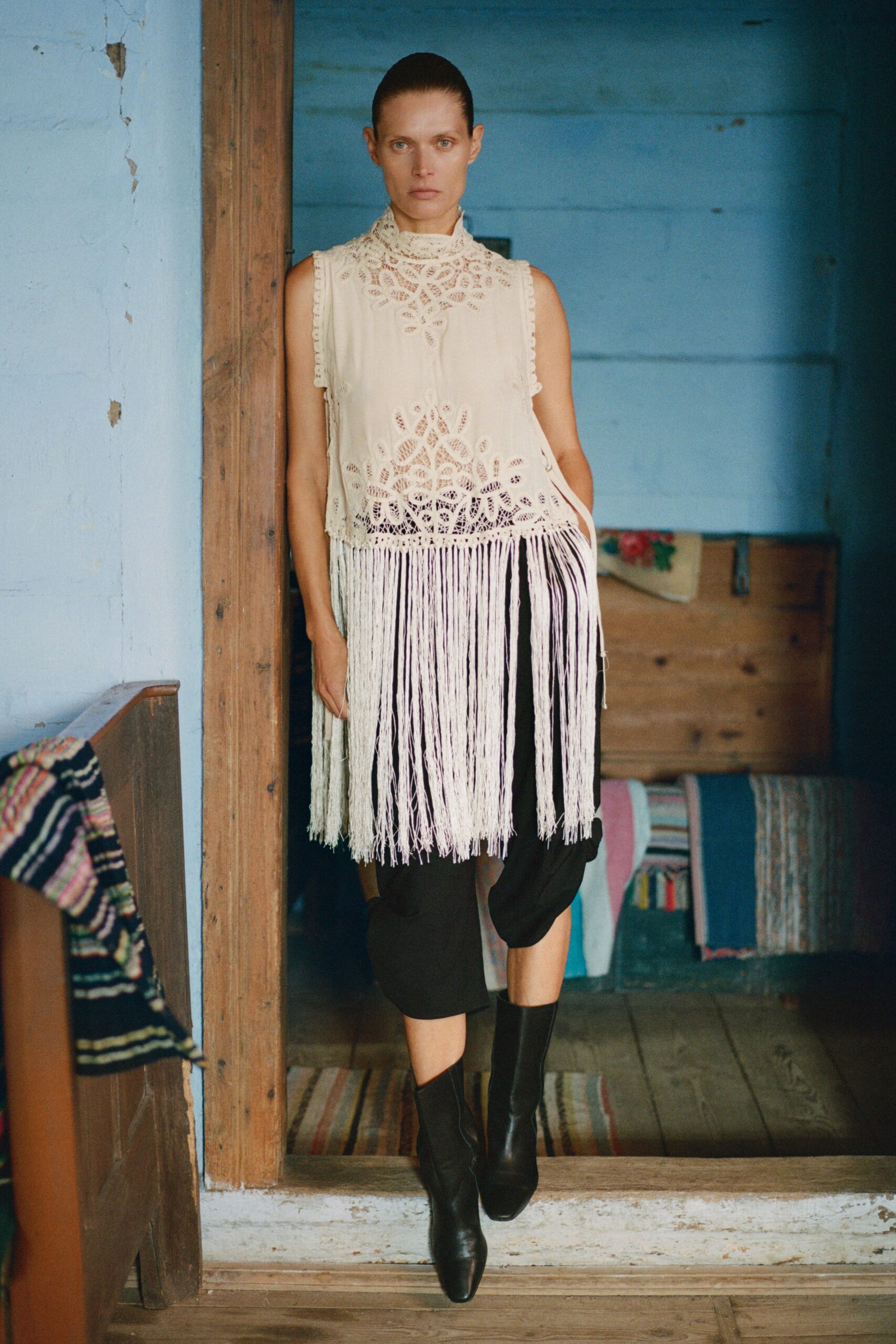 beige cotton sleeveless high-neck fitted embroidered fringed top