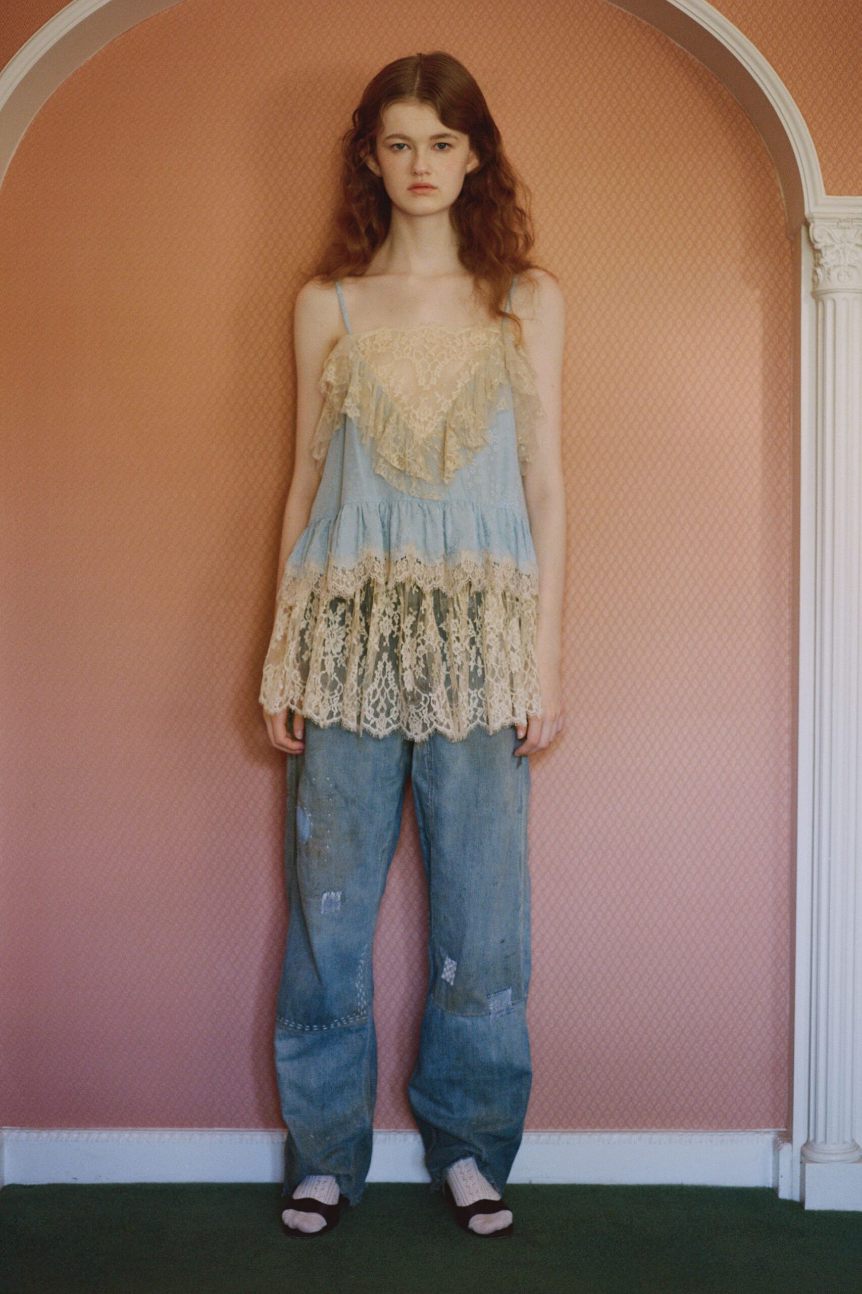 blue lace top with distressed jeans