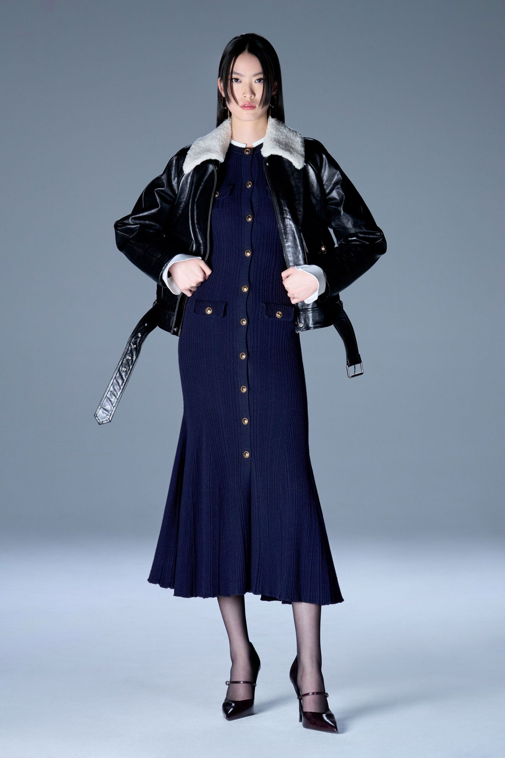 blue cotton long-sleeve collared fitted buttoned flared dress