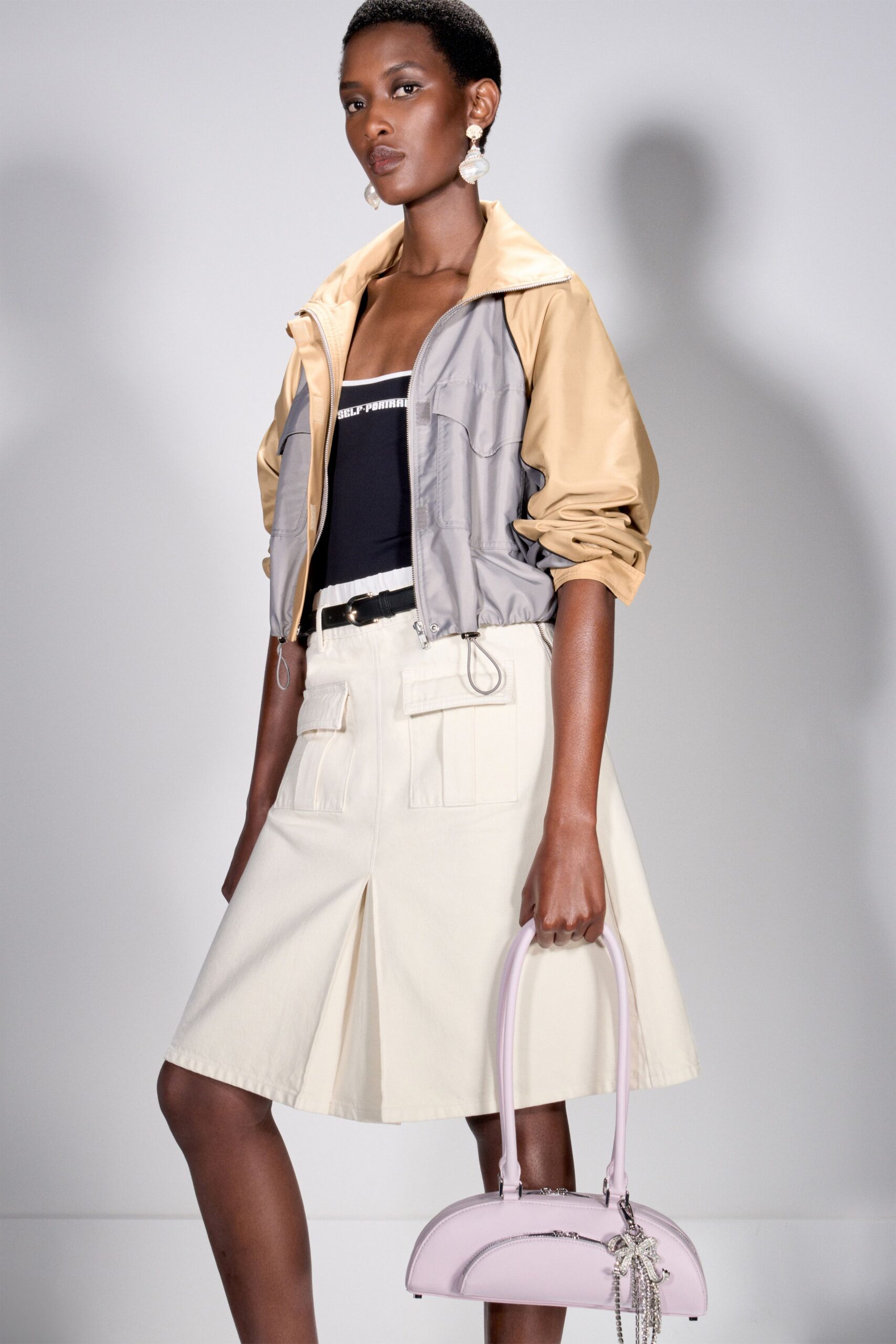 gray beige relaxed jacket with black top