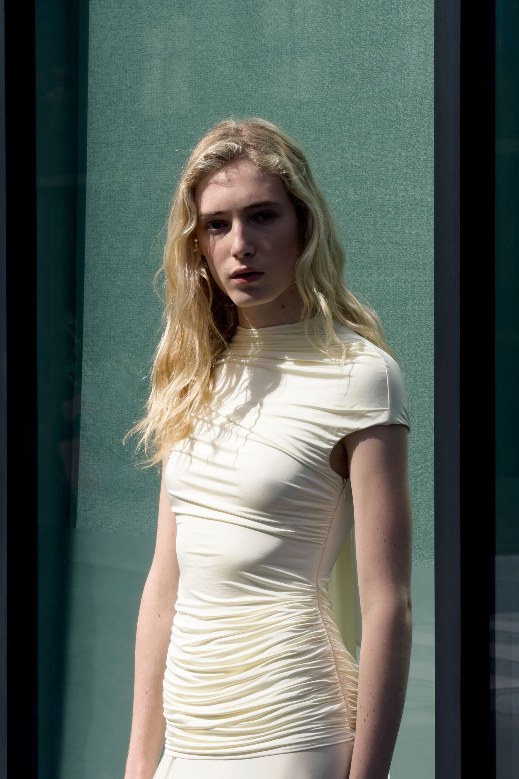 ivory fitted ruched dress