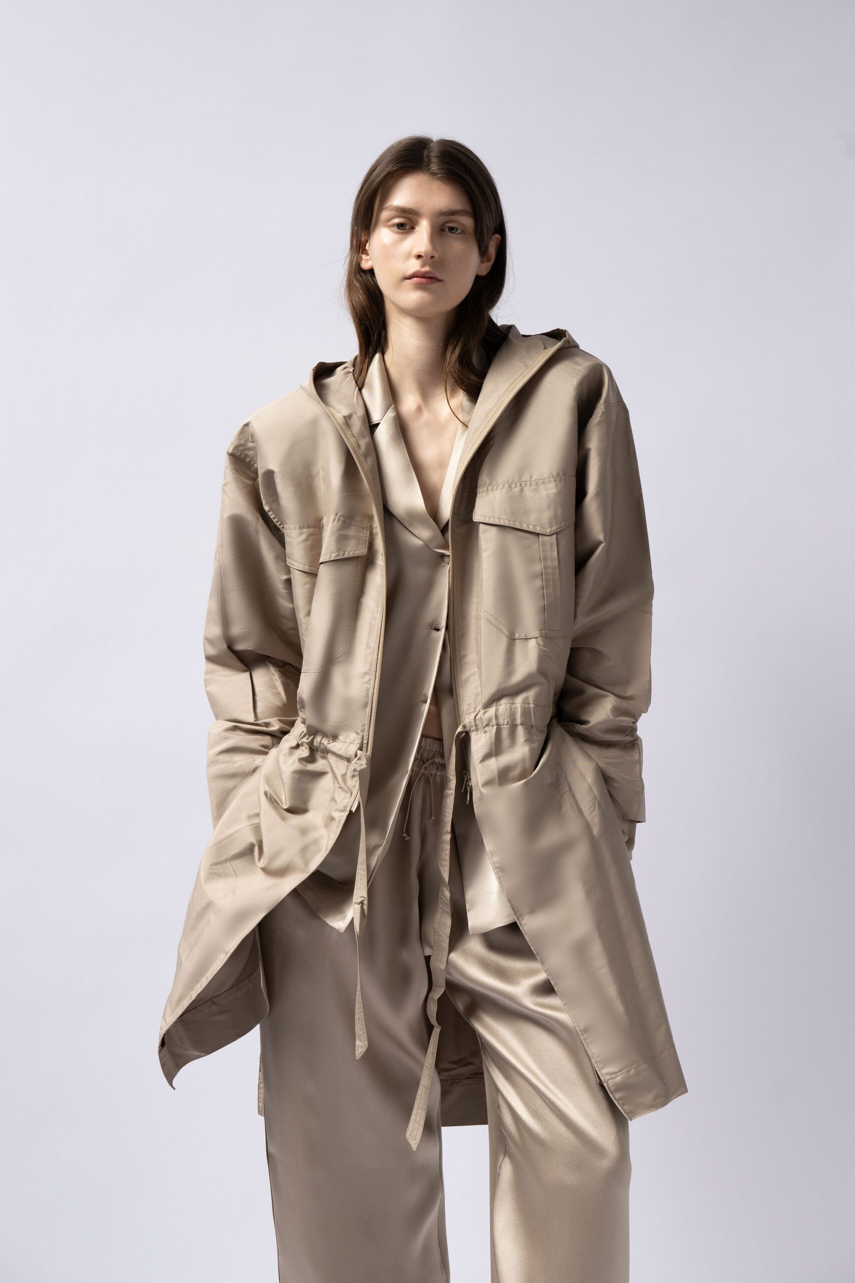 beige silk hooded long-sleeve relaxed zippered midi coat