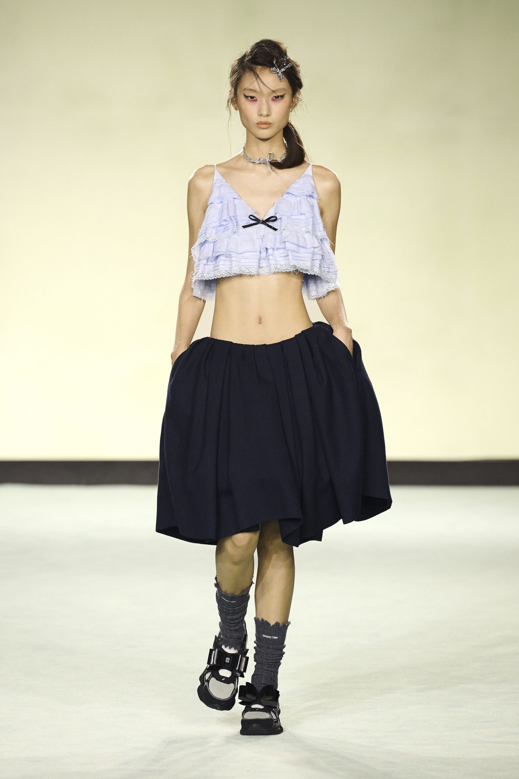 blue cotton sleeveless v-neck fitted ruffled crop-top