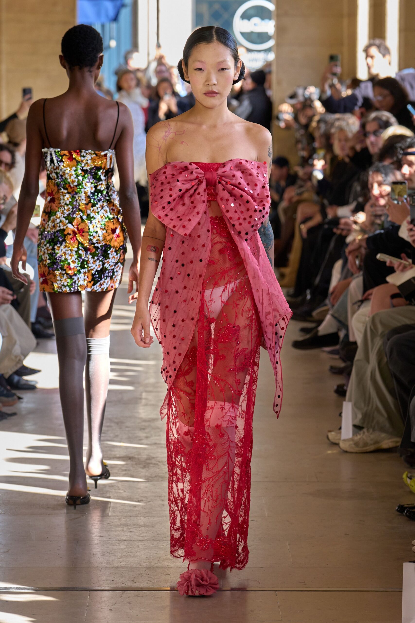 red lace strapless fitted draped embellished sheer gown