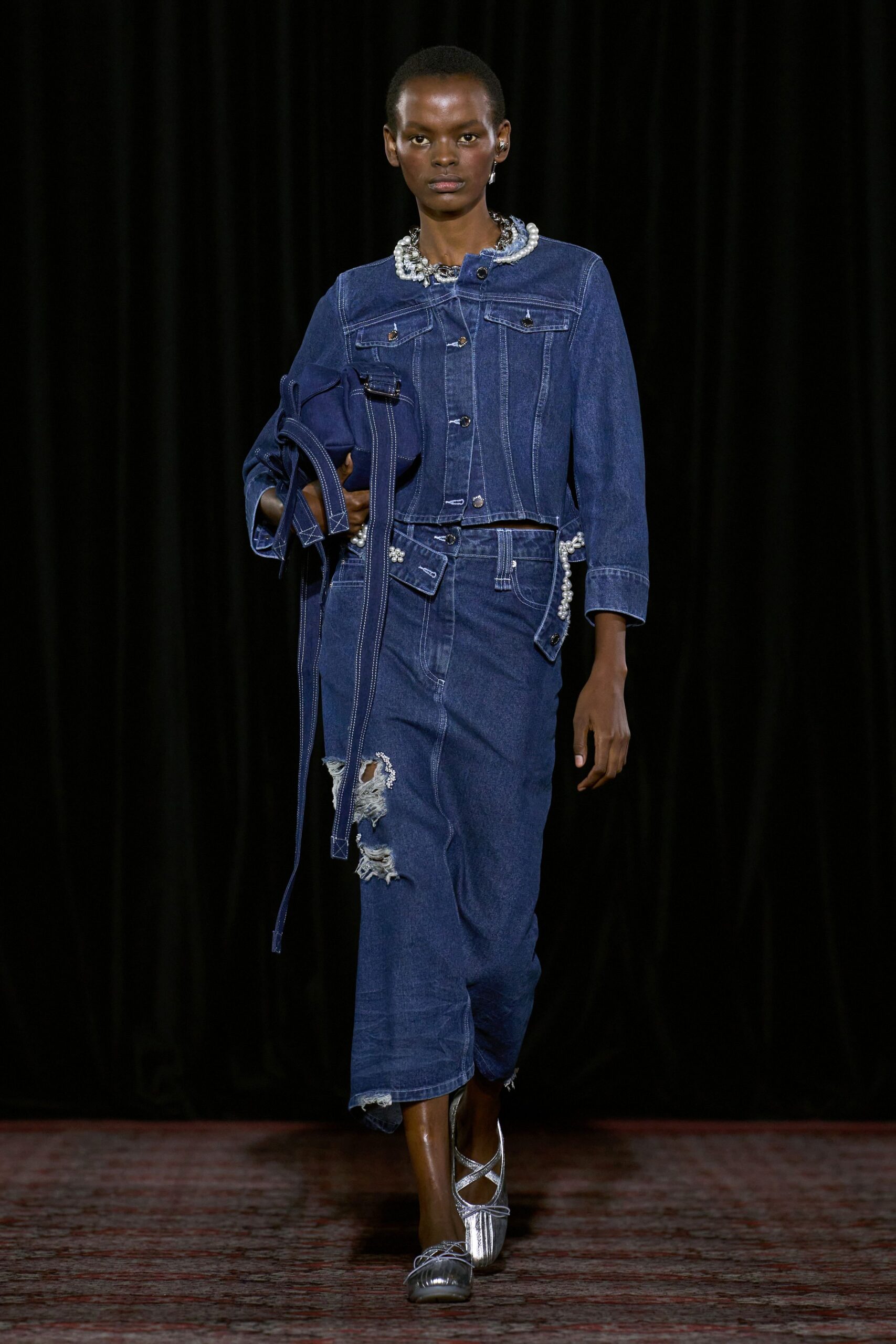 blue denim long-sleeve collared fitted buttoned distressed jacket