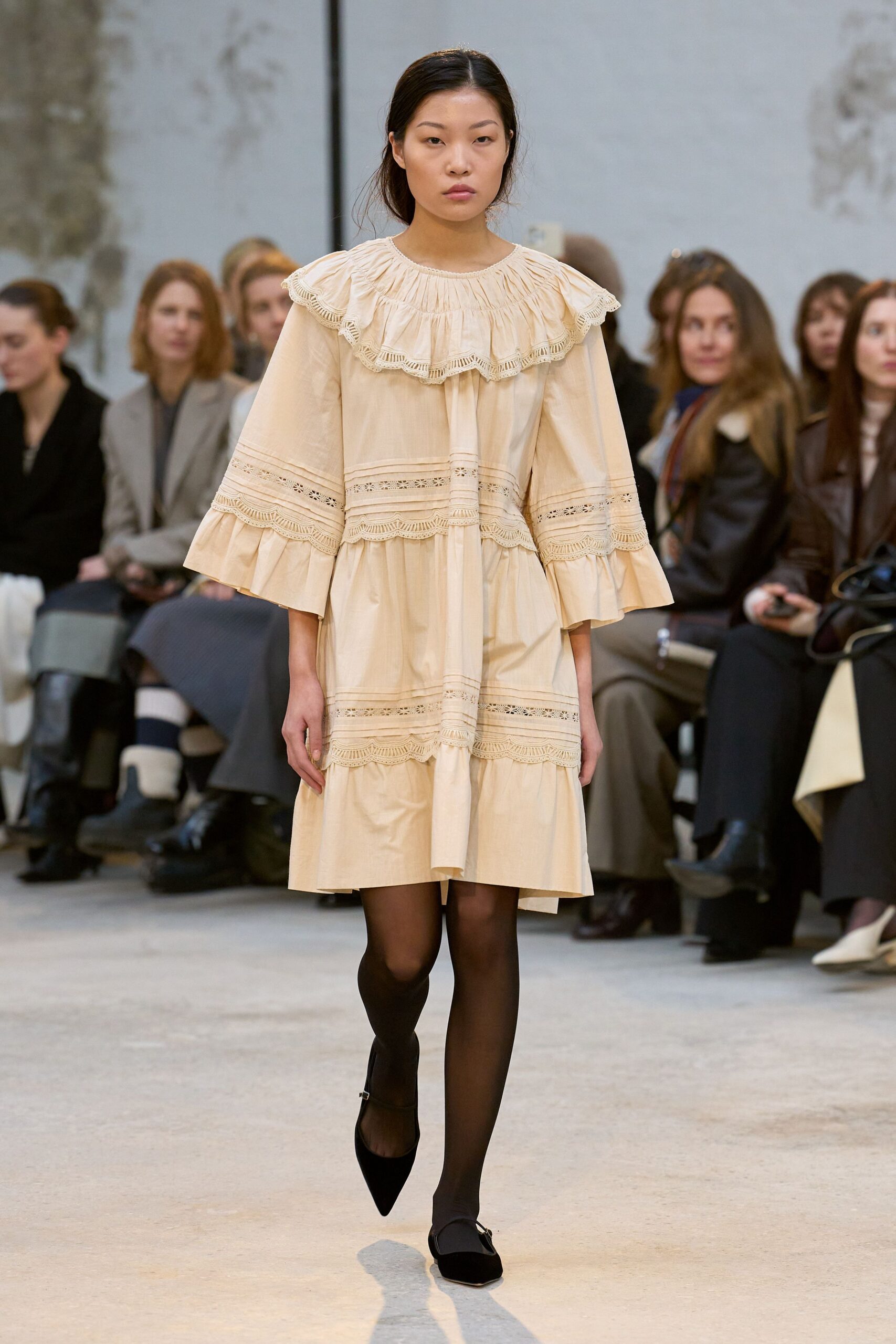 beige cotton long-sleeve collared relaxed ruffled embroidered dress