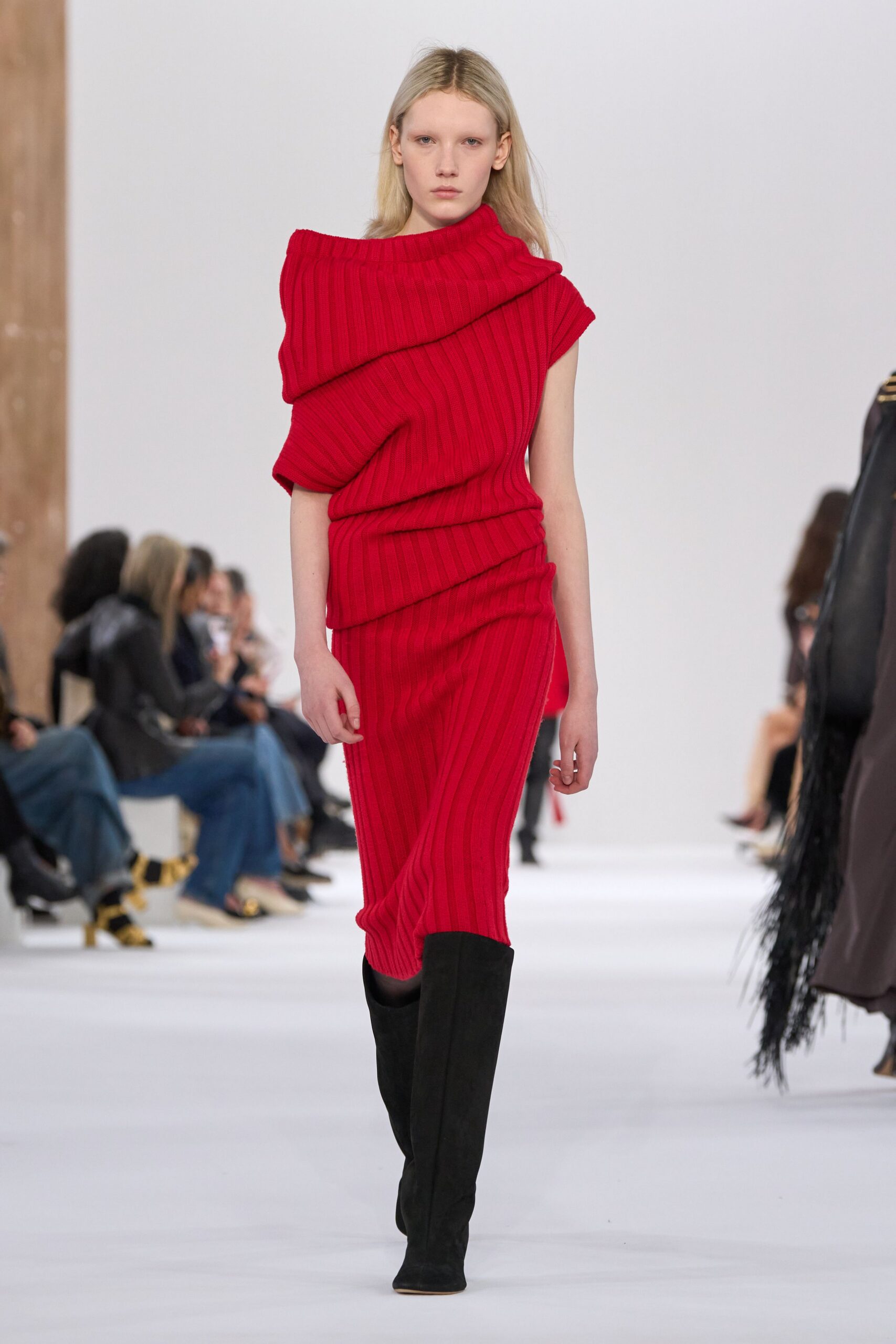 red ribbed midi dress with black boots