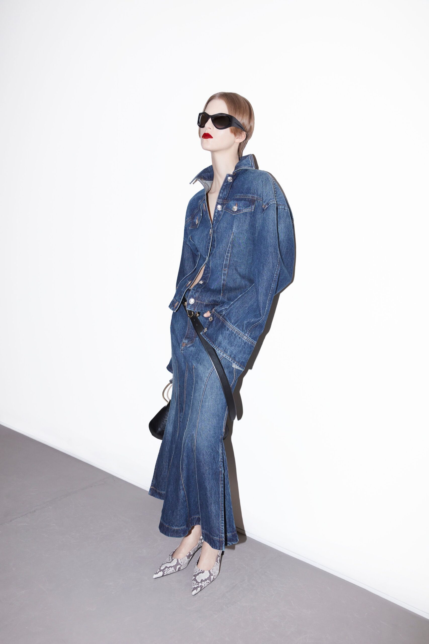 blue denim long-sleeve collared fitted buttoned flared dress