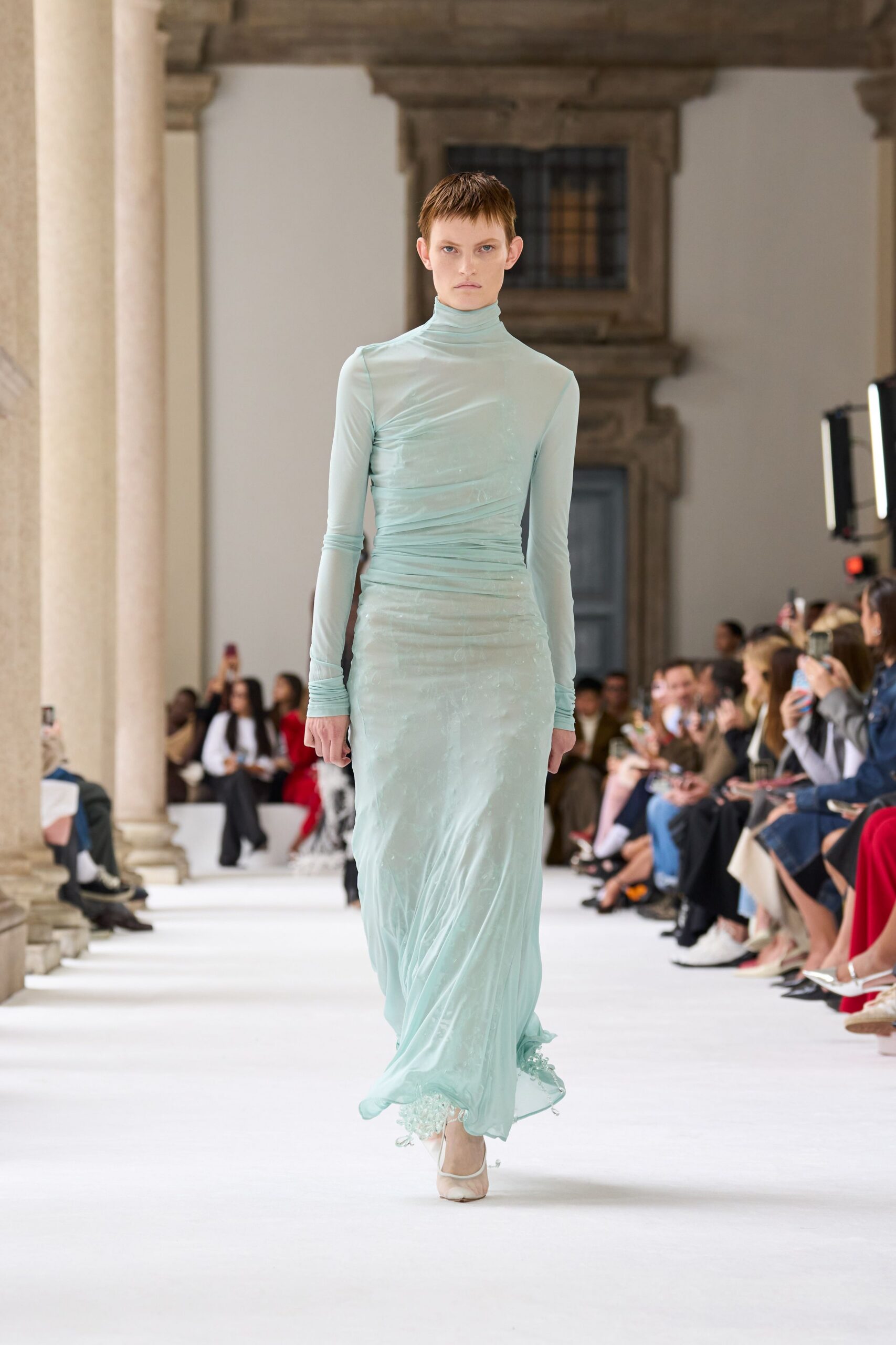 blue silk fitted gown