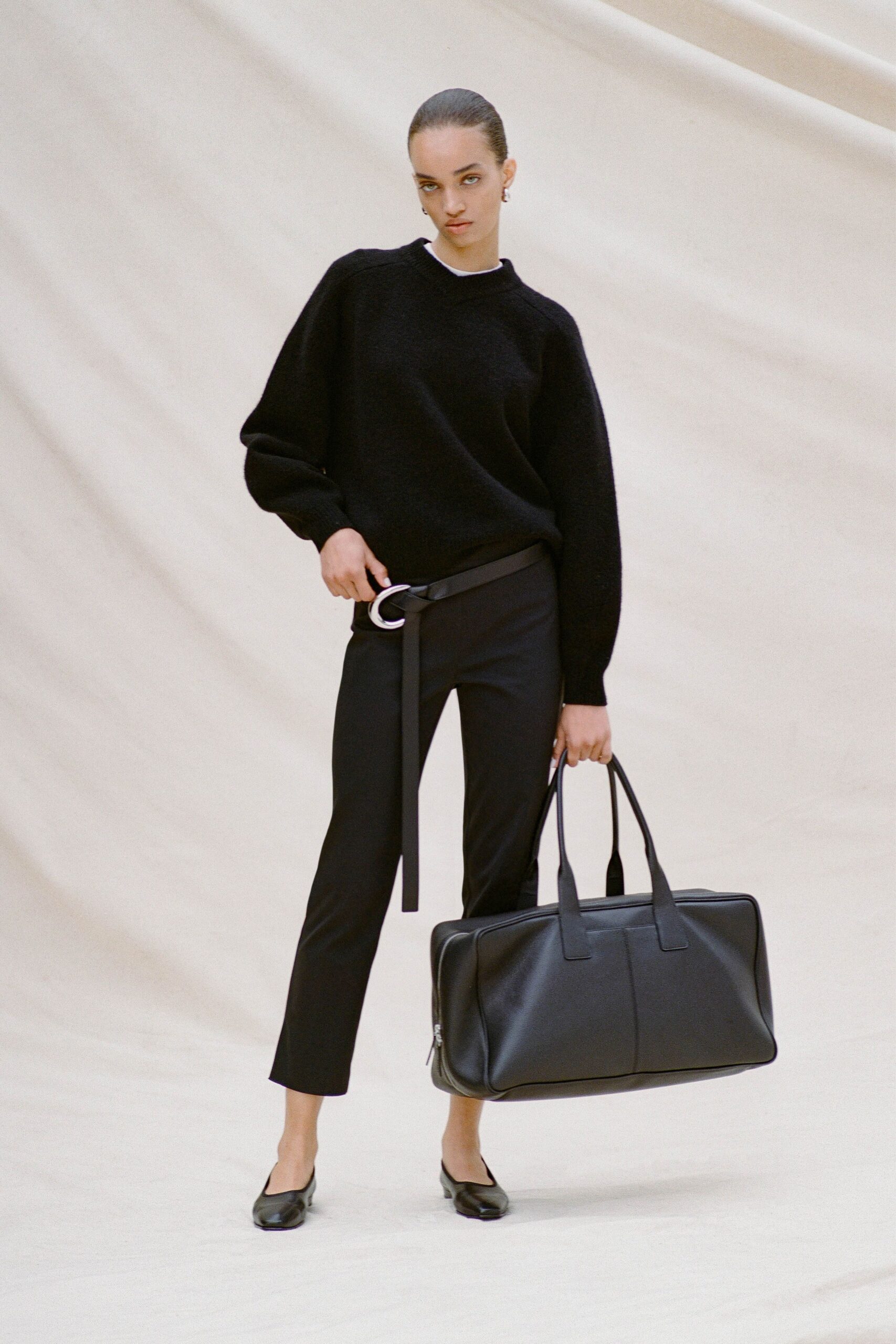 black cotton fitted high-waisted straight-leg pants