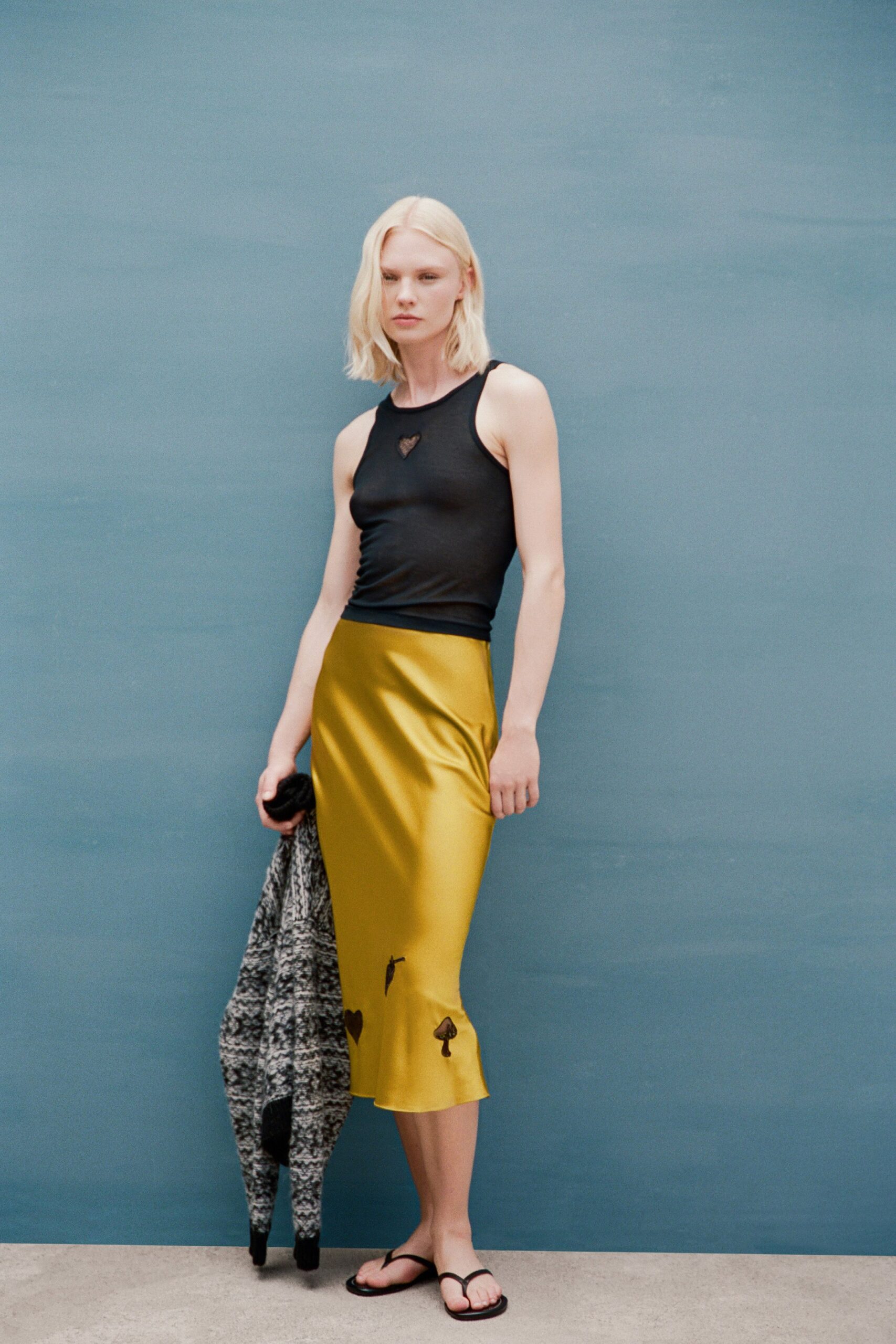 yellow silk slit fitted straight-leg shiny midi skirt