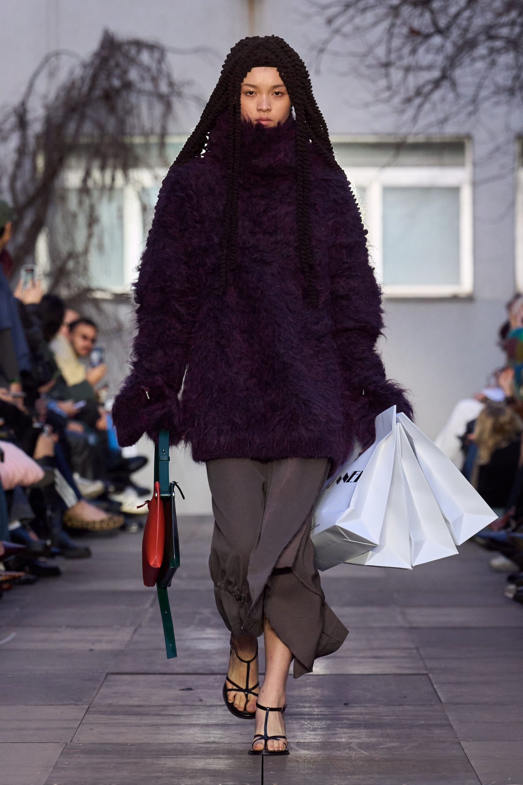 purple fur long-sleeve high-neck oversized textured sweater