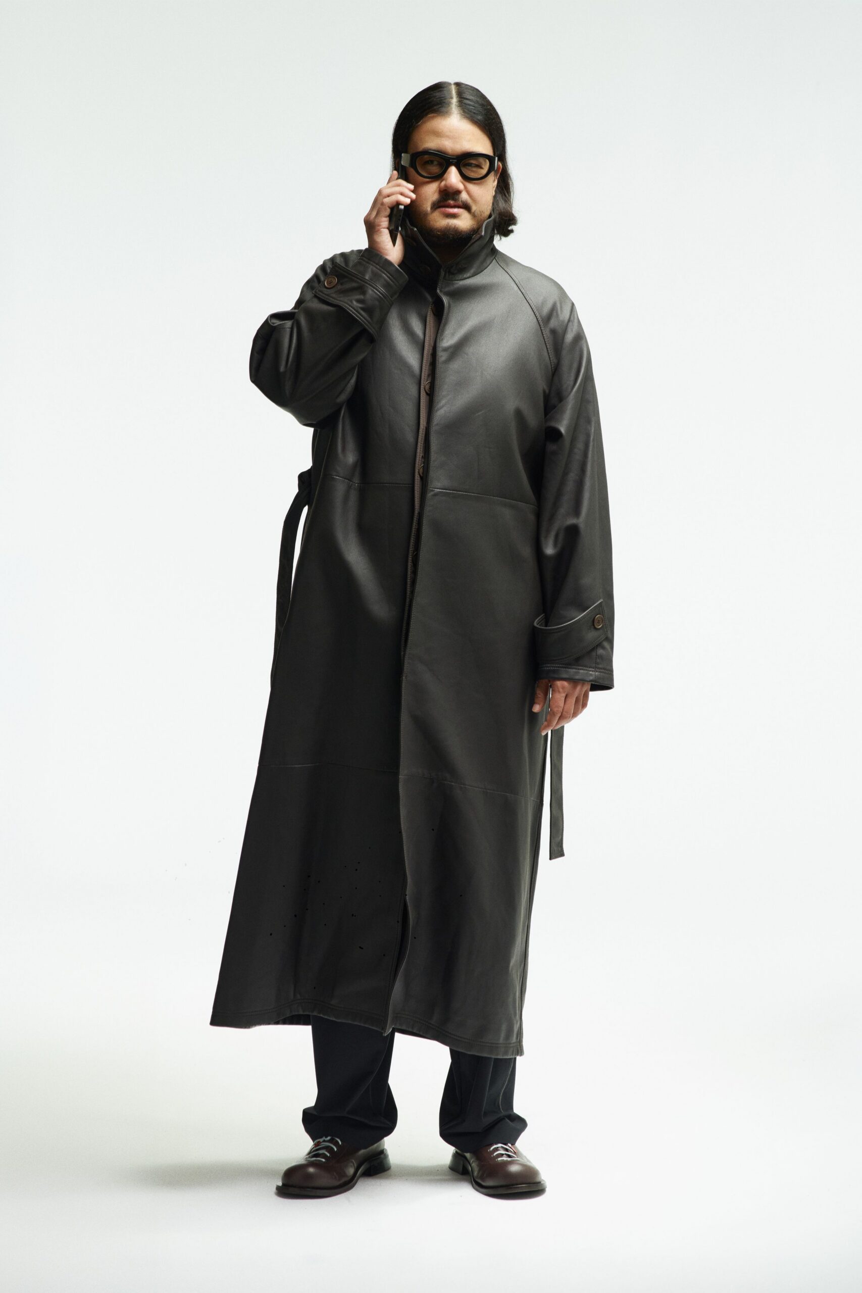 black leather long-sleeve collared relaxed zippered maxi coat