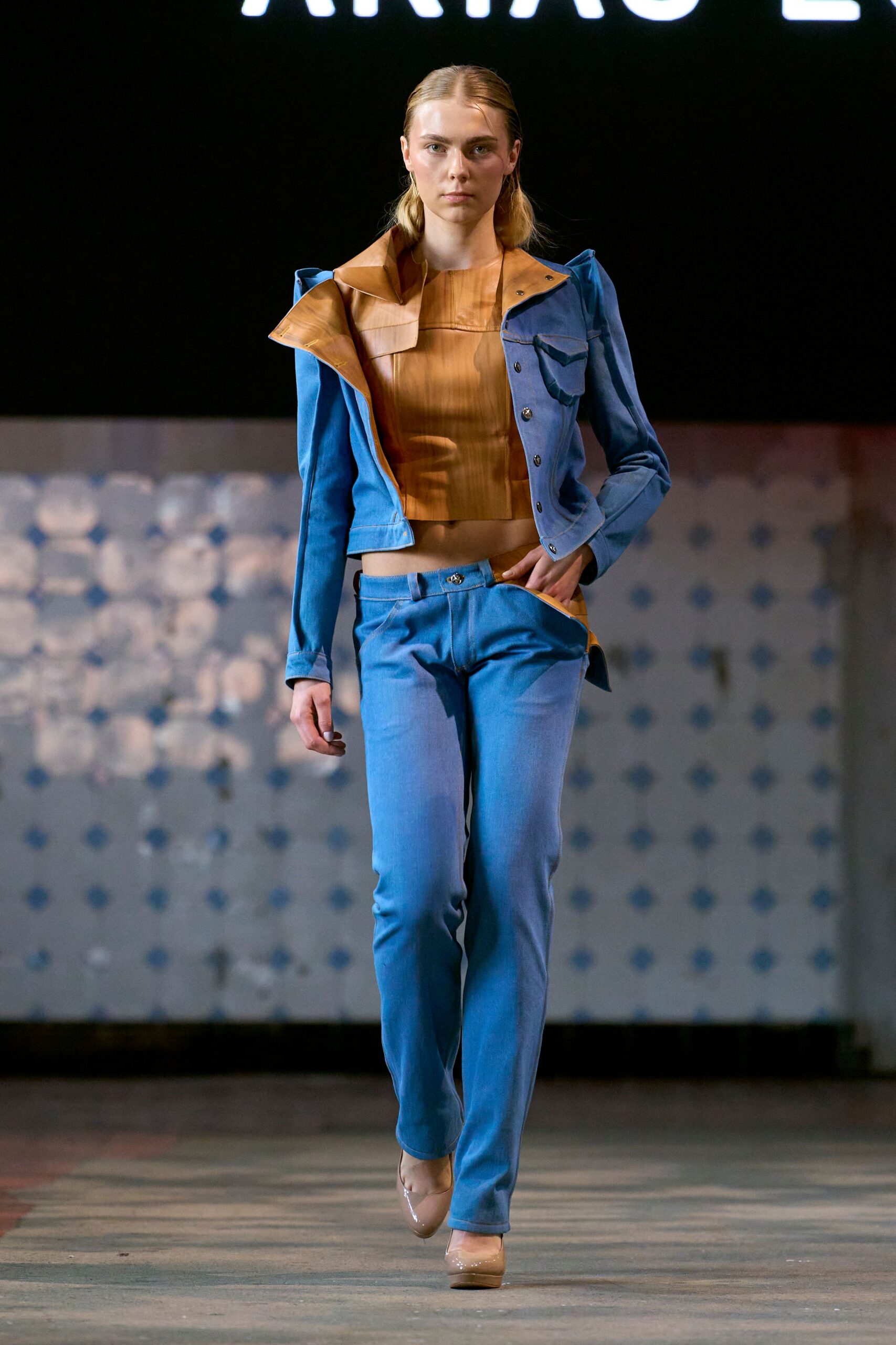 blue denim long-sleeve collared fitted buttoned jacket