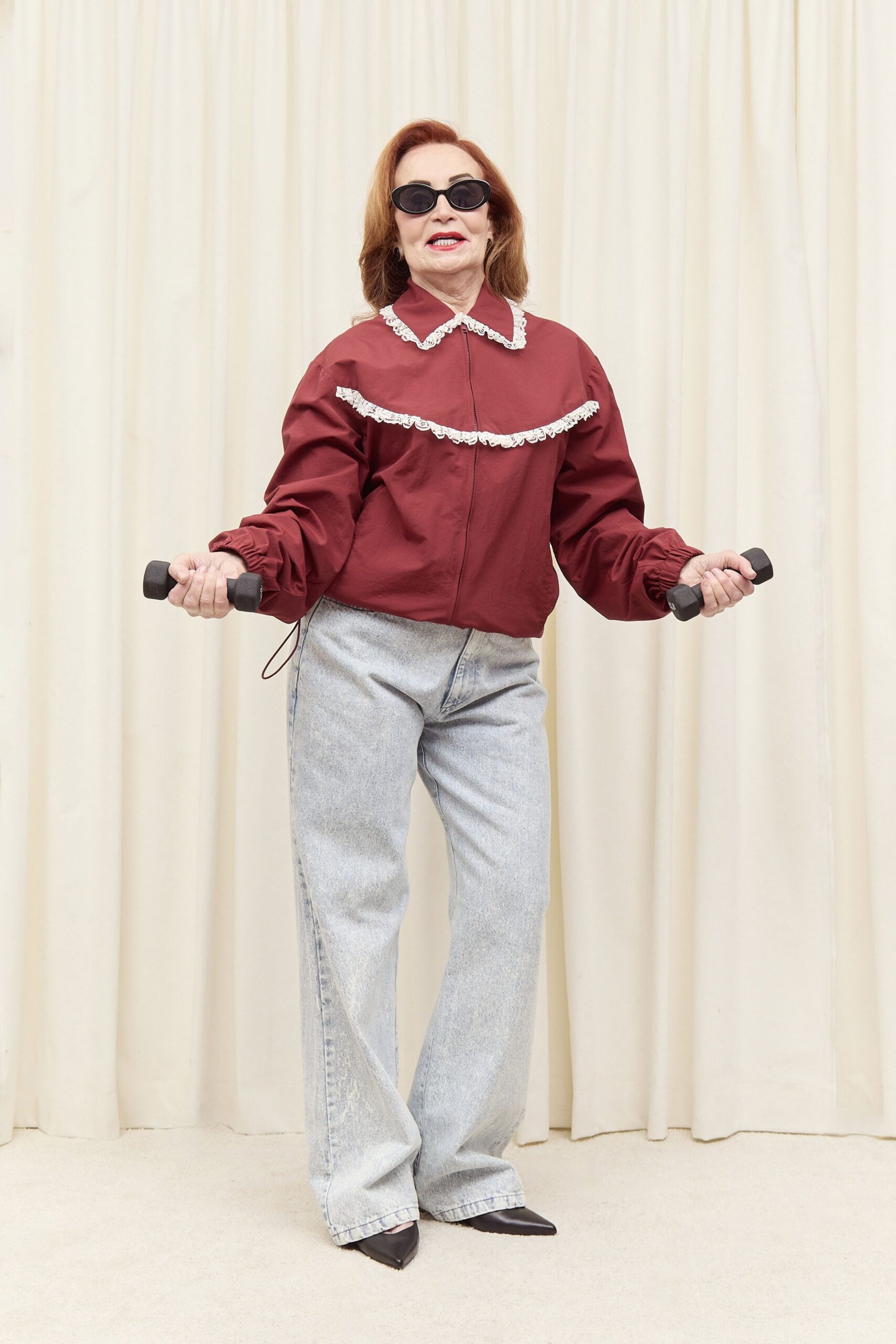 red cotton long-sleeve collared relaxed ruffled jacket