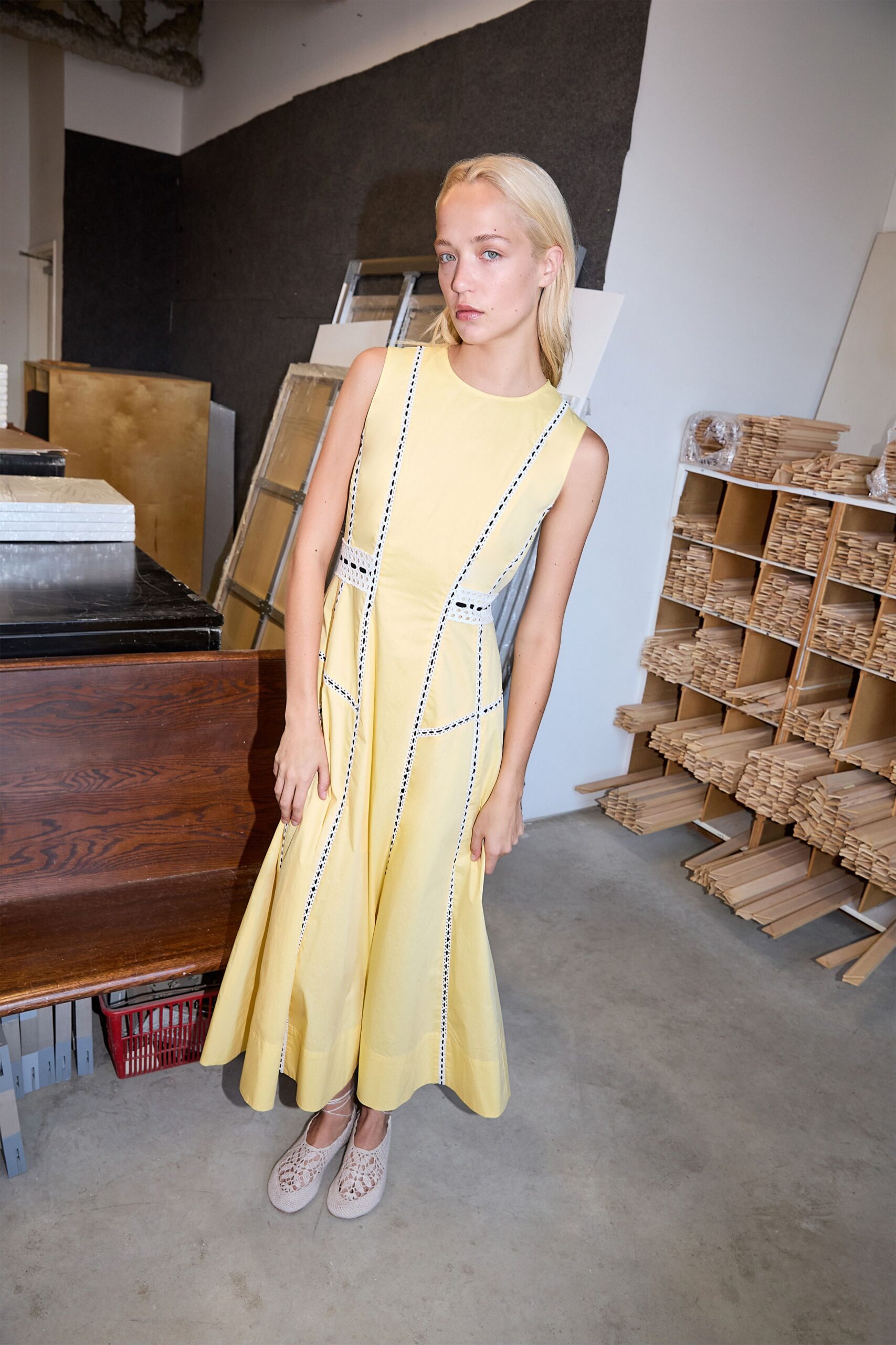 yellow cotton sleeveless v-neck fitted pleated embroidered dress