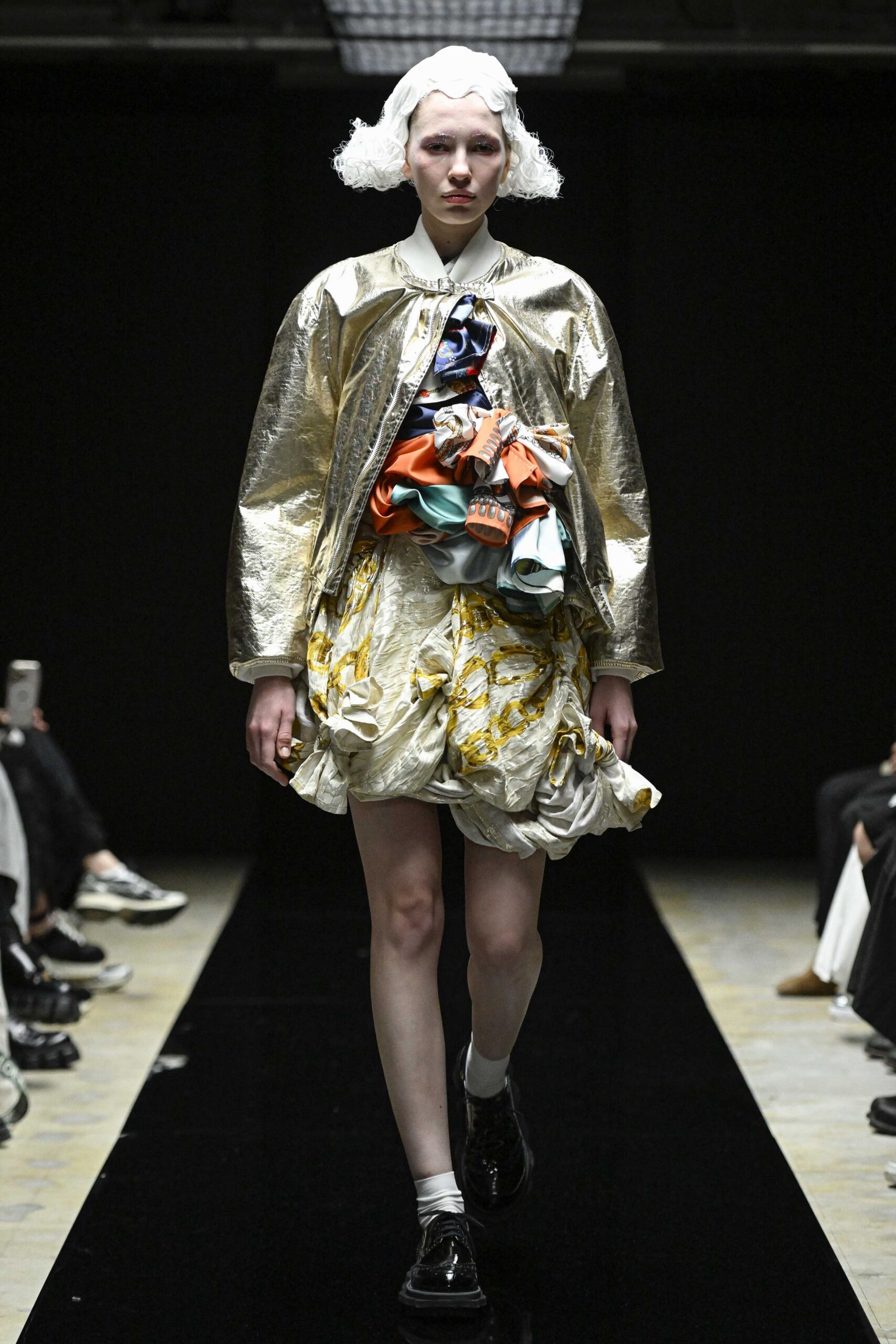 gold metallic long-sleeve collared fitted zippered shiny jacket