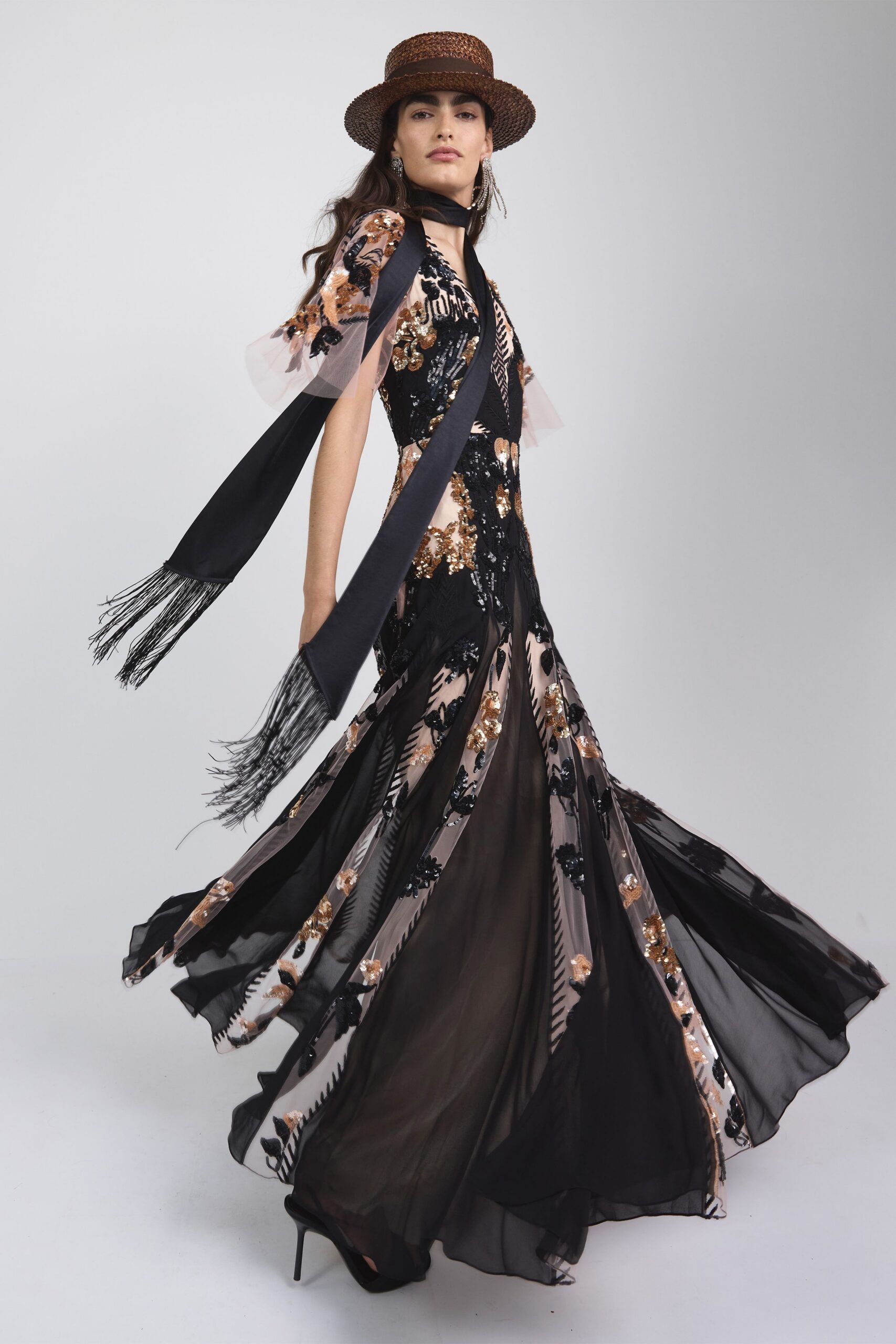 black silk long-sleeve v-neck fitted flared embroidered gown
