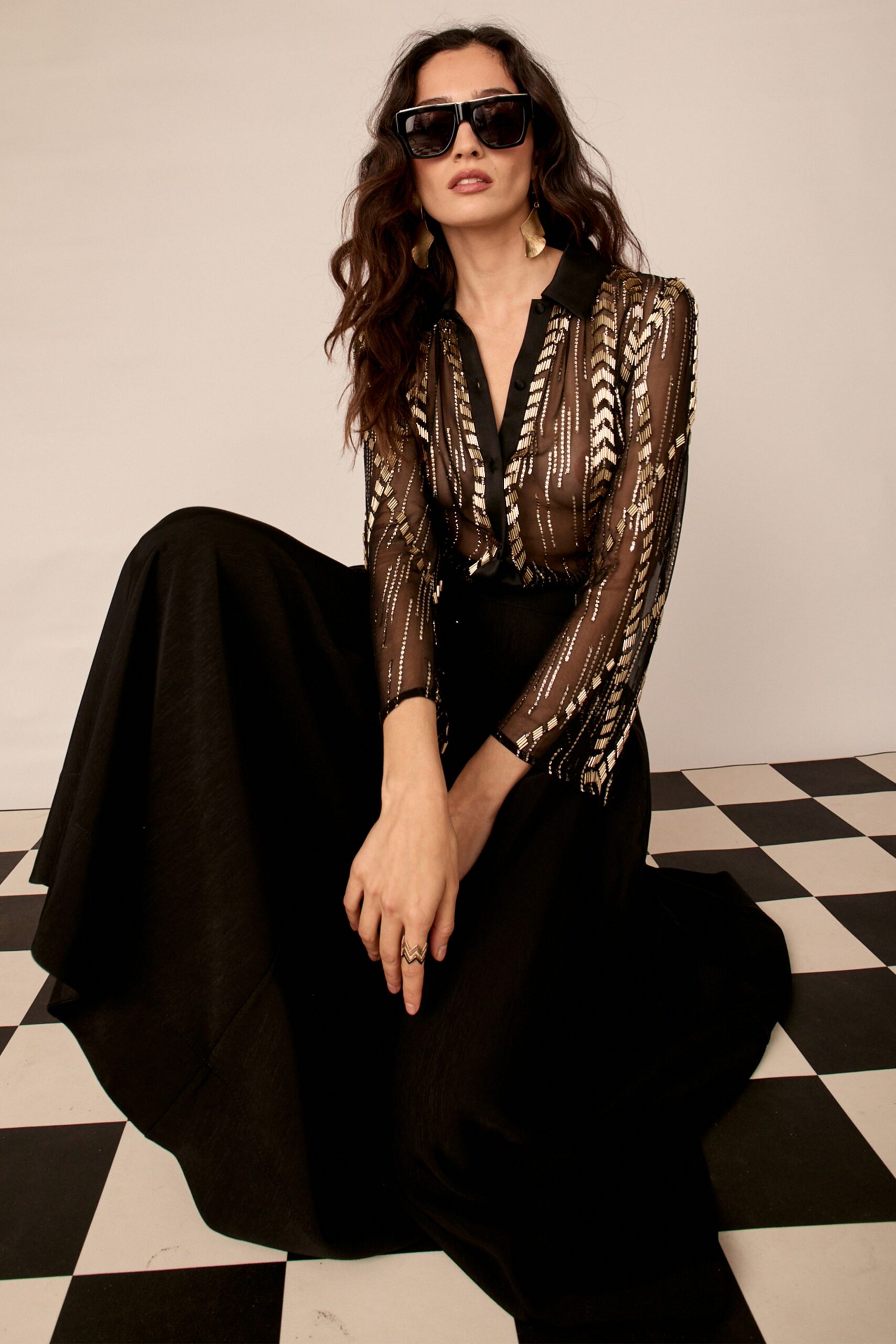 black silk long-sleeve collared fitted embellished sheer blouse