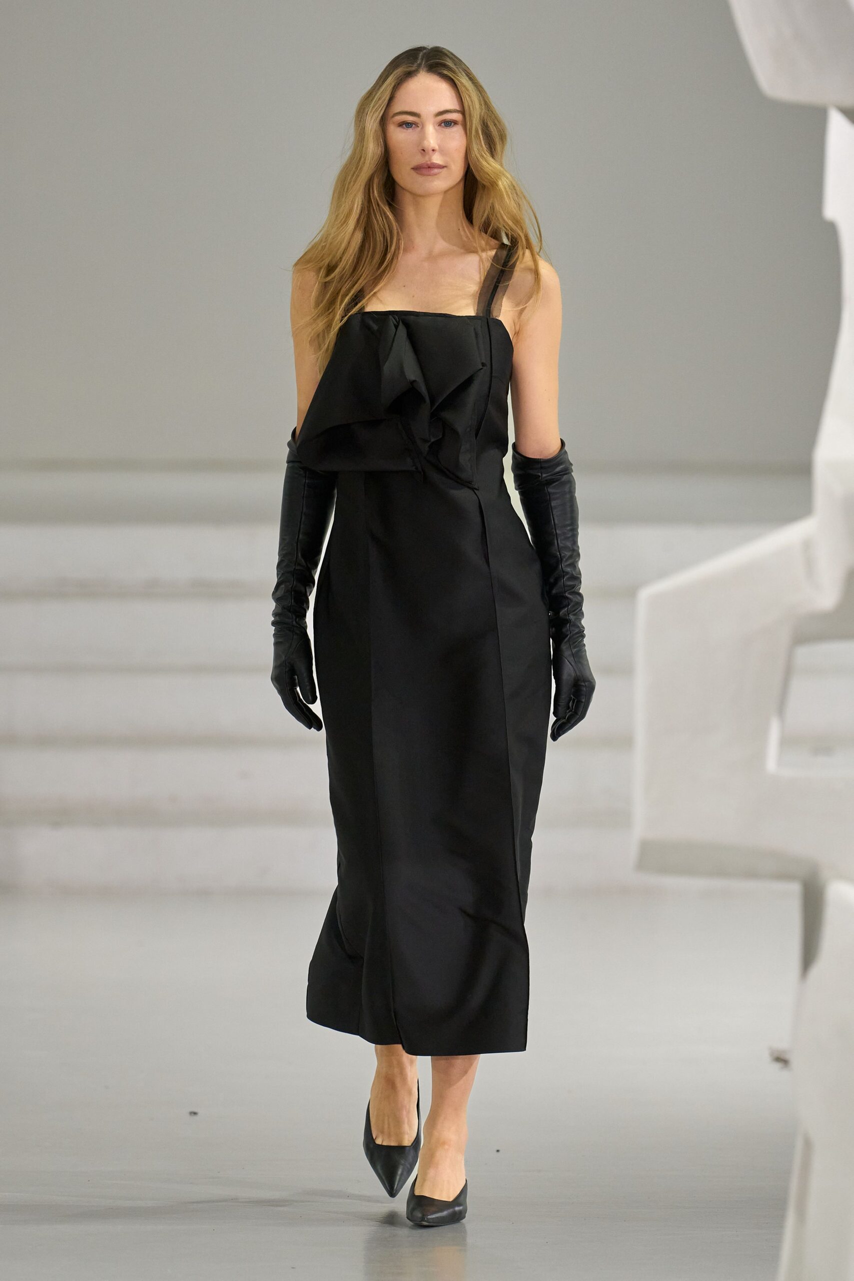 black silk off-shoulder midi dress