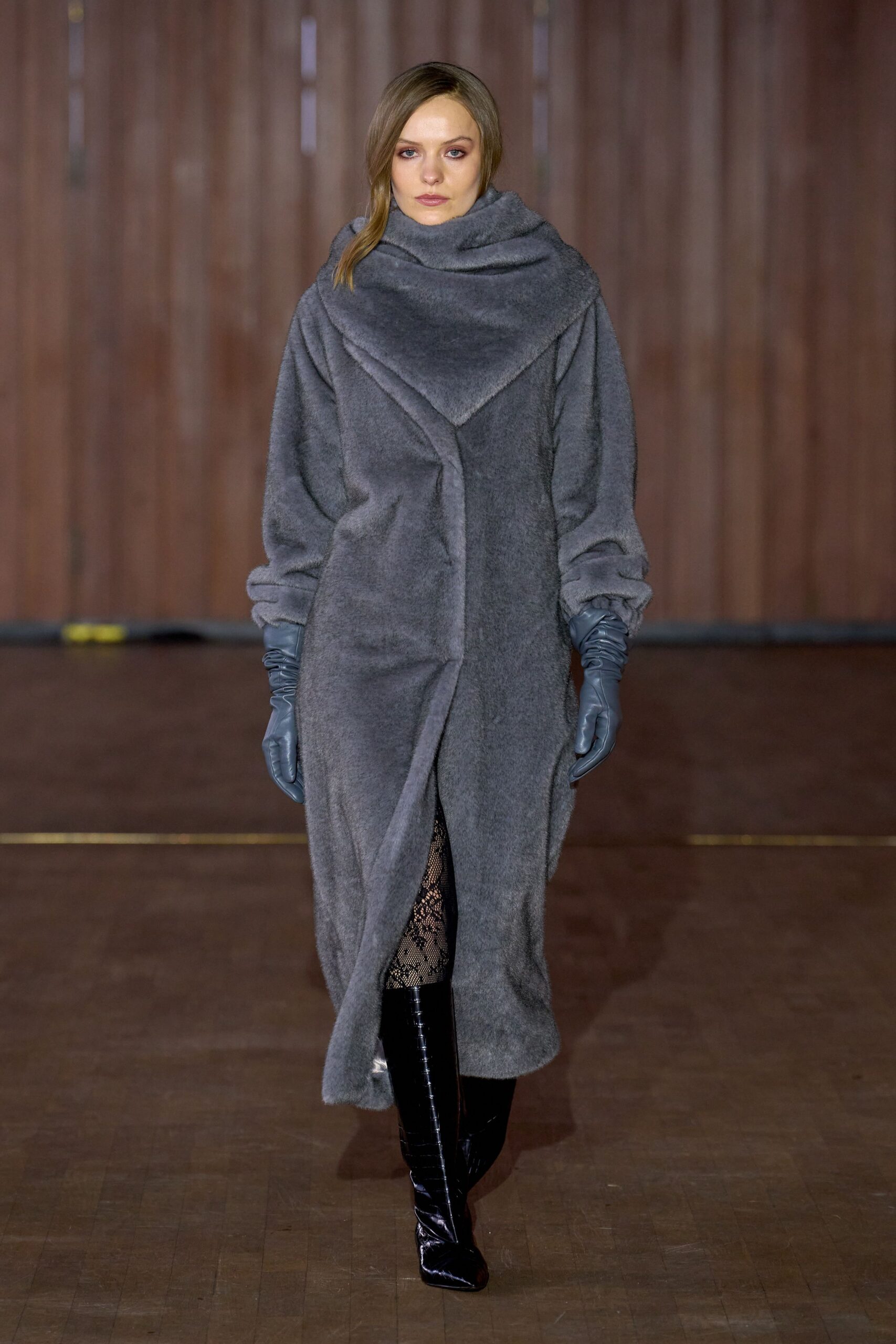gray faux-fur long-sleeve collared relaxed draped maxi coat