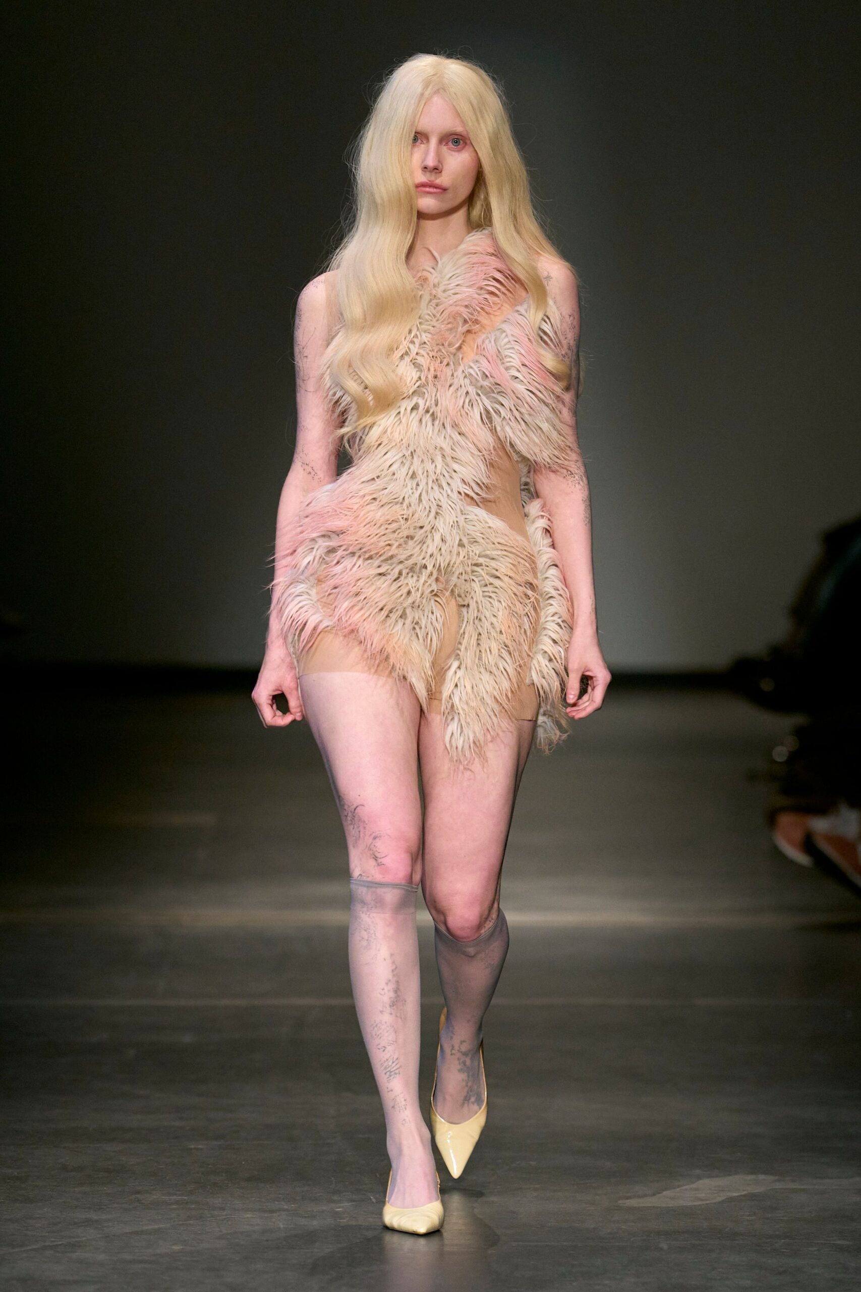beige fur sleeveless fitted fringed short dress