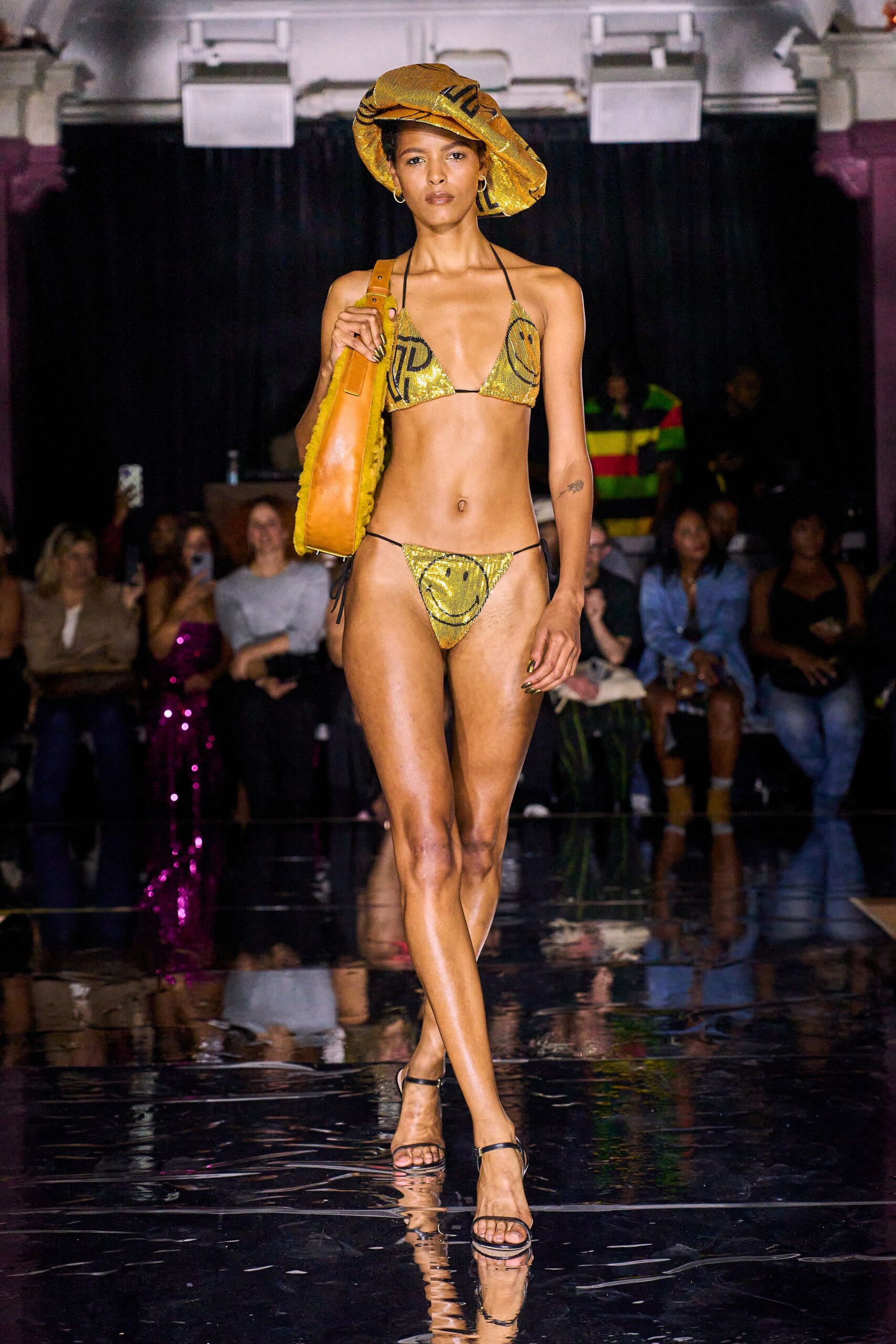 yellow cotton sleeveless halter fitted printed bikini