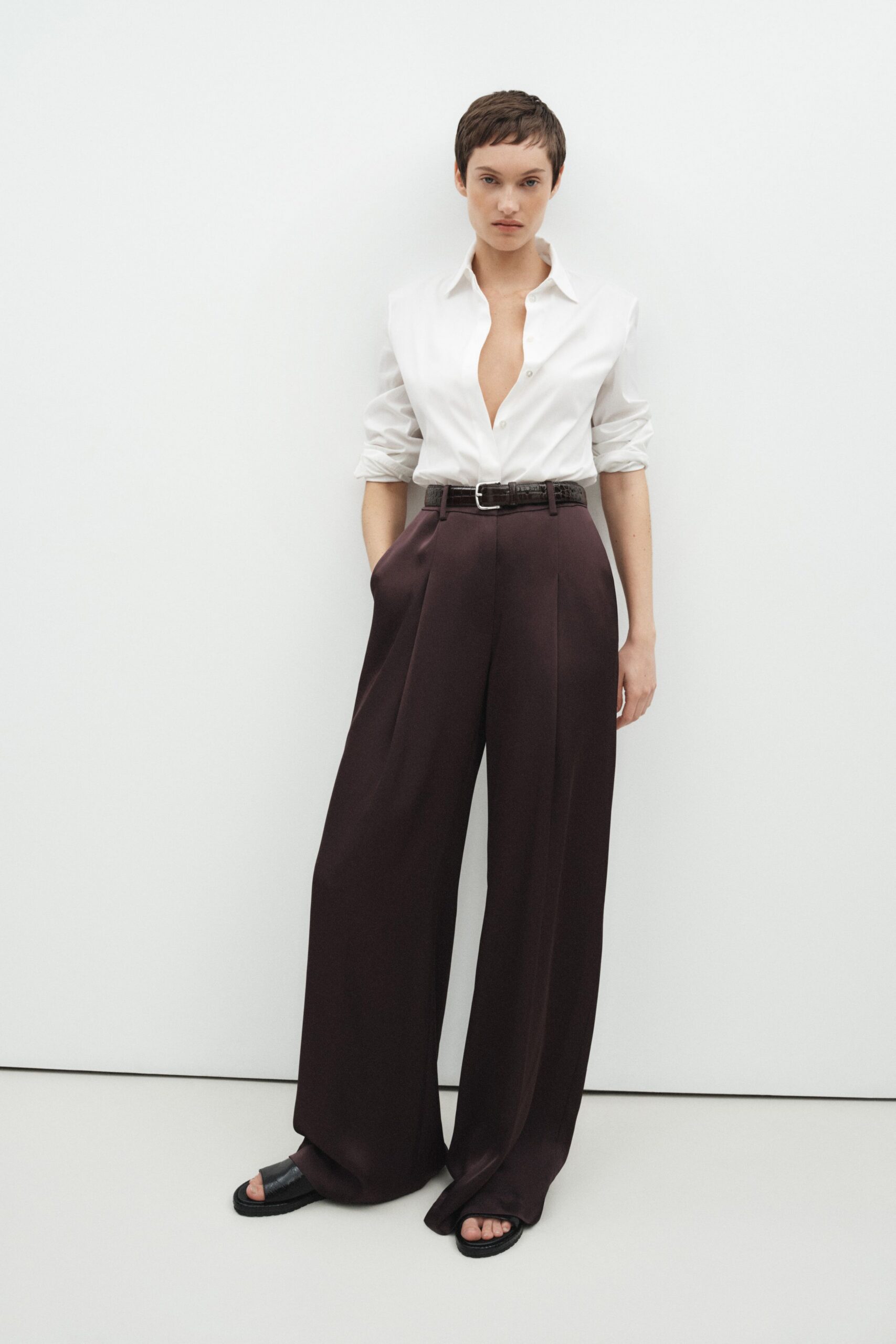 brown wool relaxed pleated wide-leg pants