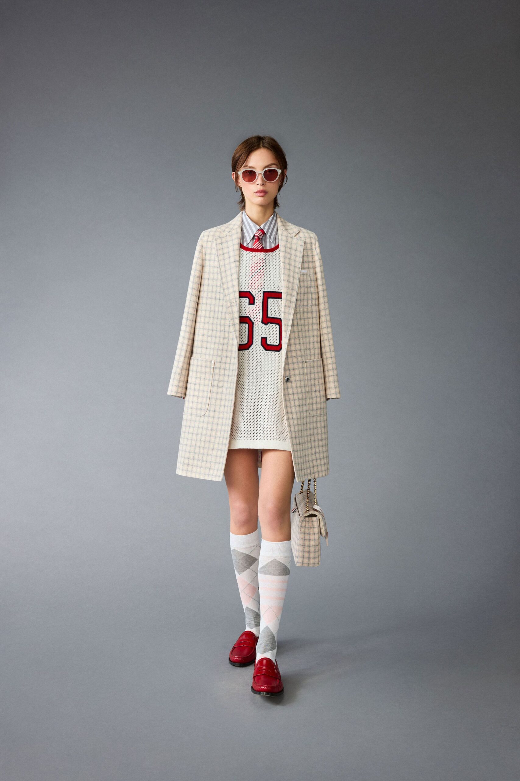 beige checked coat with white top
