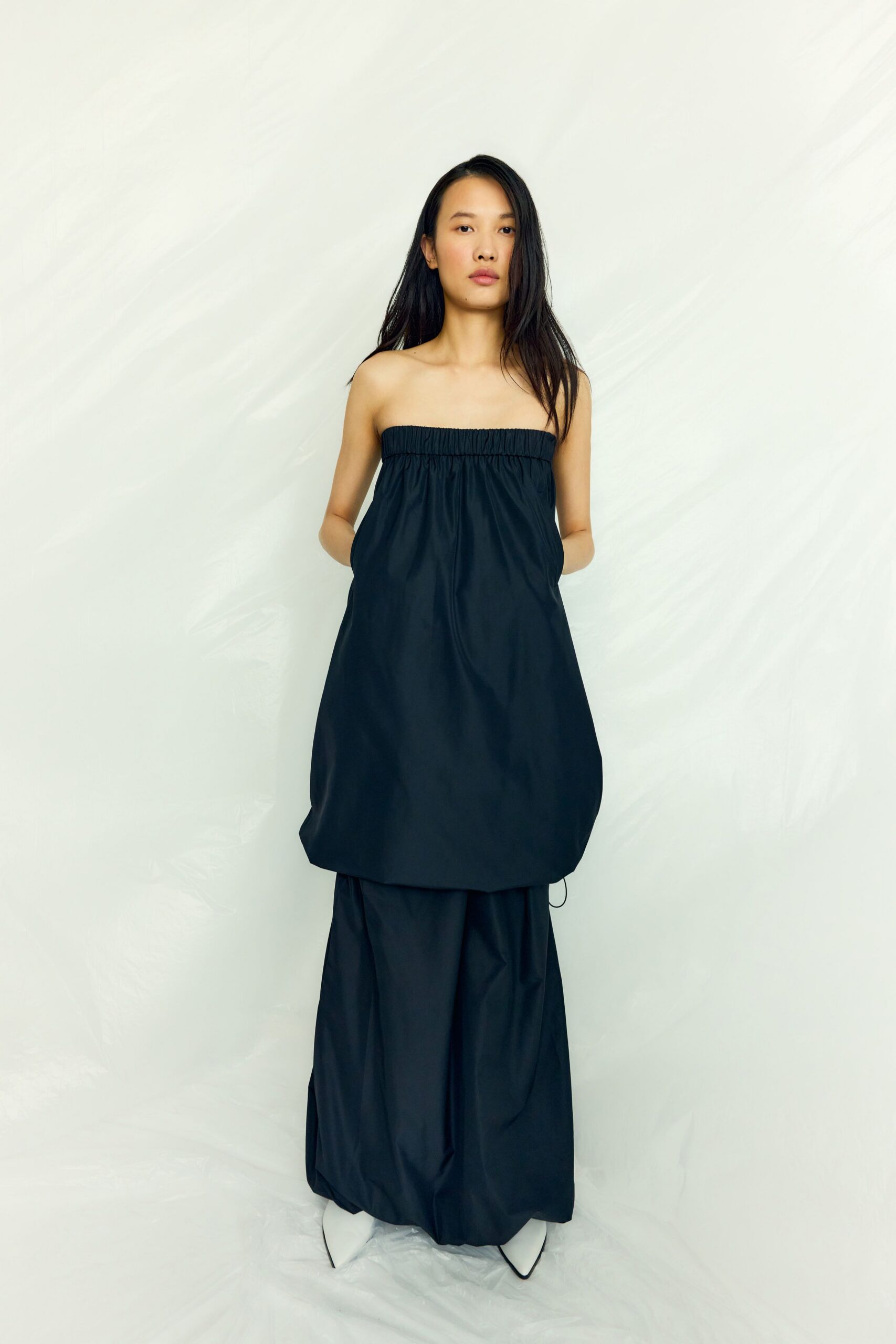 black cotton strapless relaxed layered midi dress