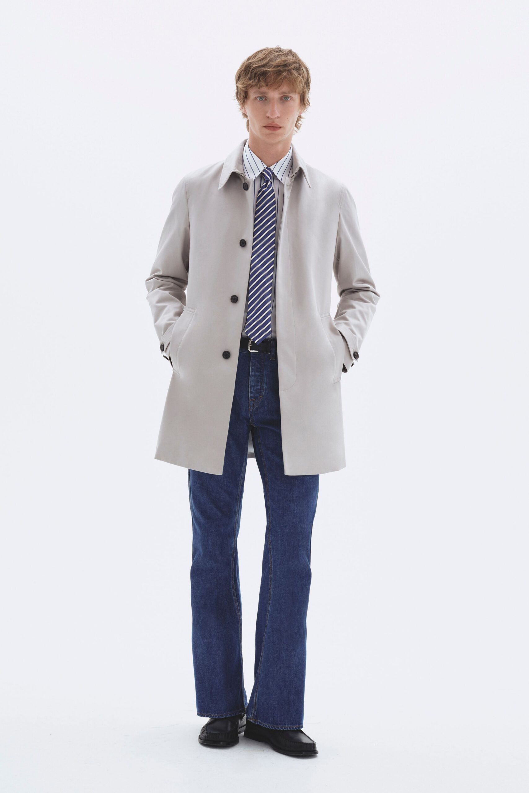 beige cotton long-sleeve collared structured buttoned coat