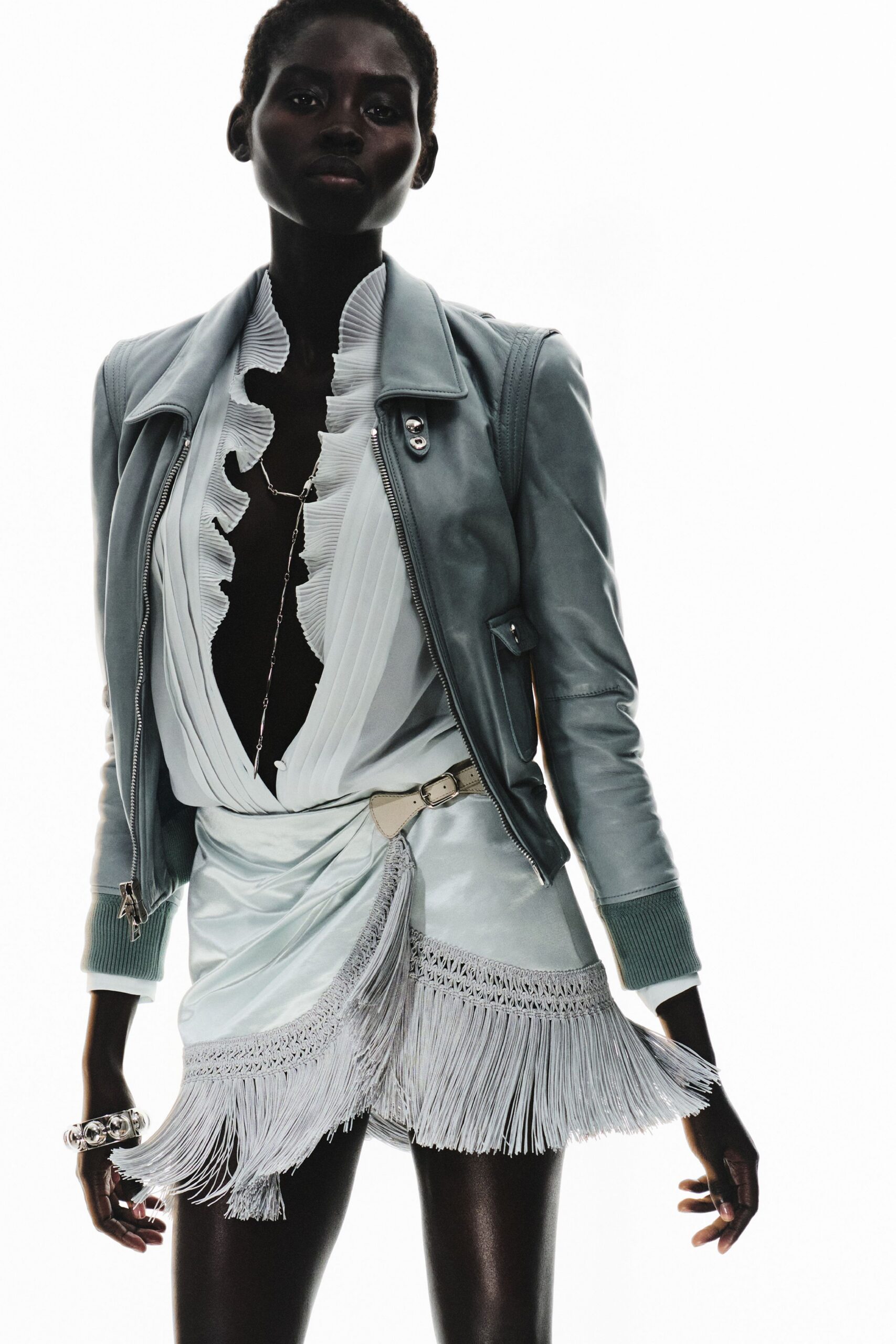 blue leather long-sleeve collared fitted fringed jacket